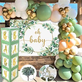 243 Pc Sage Green Baby Shower Decorations For Boy Or Girl, Rustic Gender Neutral Sage Green & White Balloon Garland Kit, Greenery BABY Boxes, Eucalyptus Oh Baby Backdrop Banner, Olive Decor, Confetti
