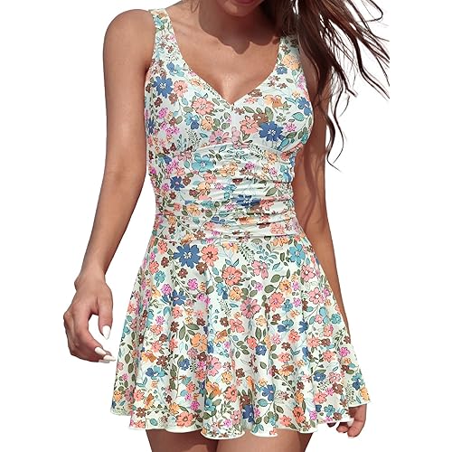 SHEKINI Women's Vintage V-Neck Ruched One Piece Swim Skirt Modest Tummy Control Swimdress Swimwear