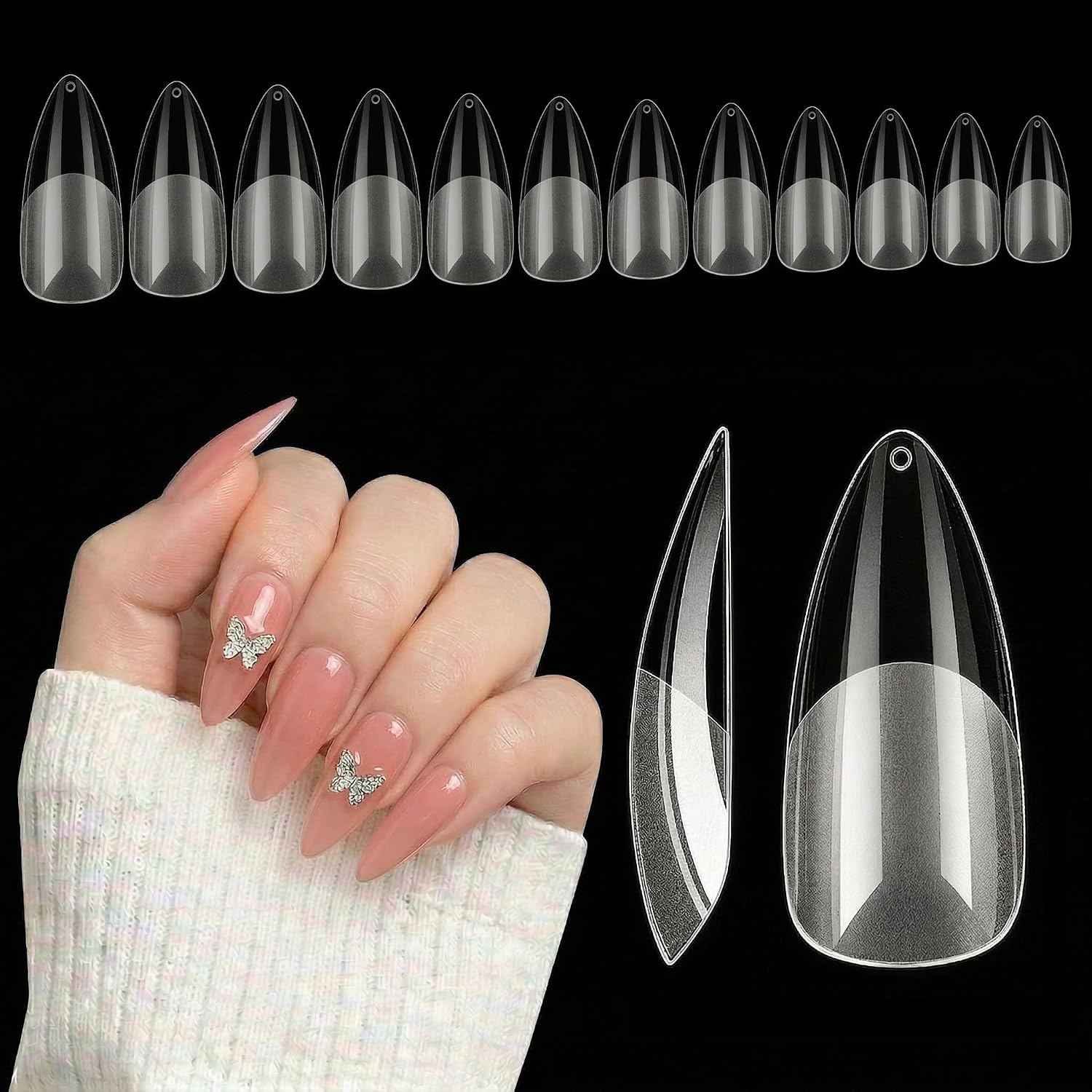 Medium Almond Fake Nails 240pcs Pre-Shape Gel Acrylic Nail Tips for Full Cover Nail Extension Home DIY Nail Salon 12 Sizes Gelly Tips