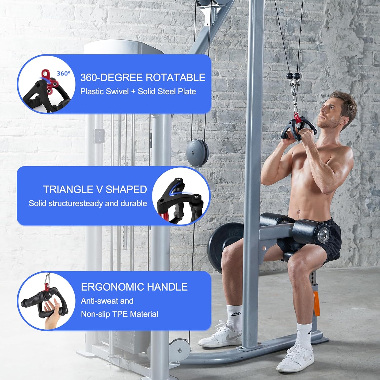 HXD-ERGO Double D Handle for Cable Machine - Ergonomic Row Handle Cable Attachment - Triangle V Bar Grip LAT PullDown Attachments for Home Gym