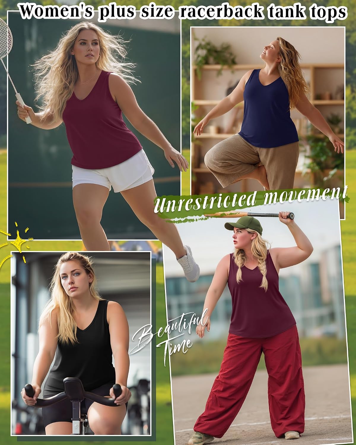 3 Pack Women's Plus Size Tank Tops Racerback Sleeveless Shirts Summer V Neck Tops Loose Fit Casual Athletic Tanks