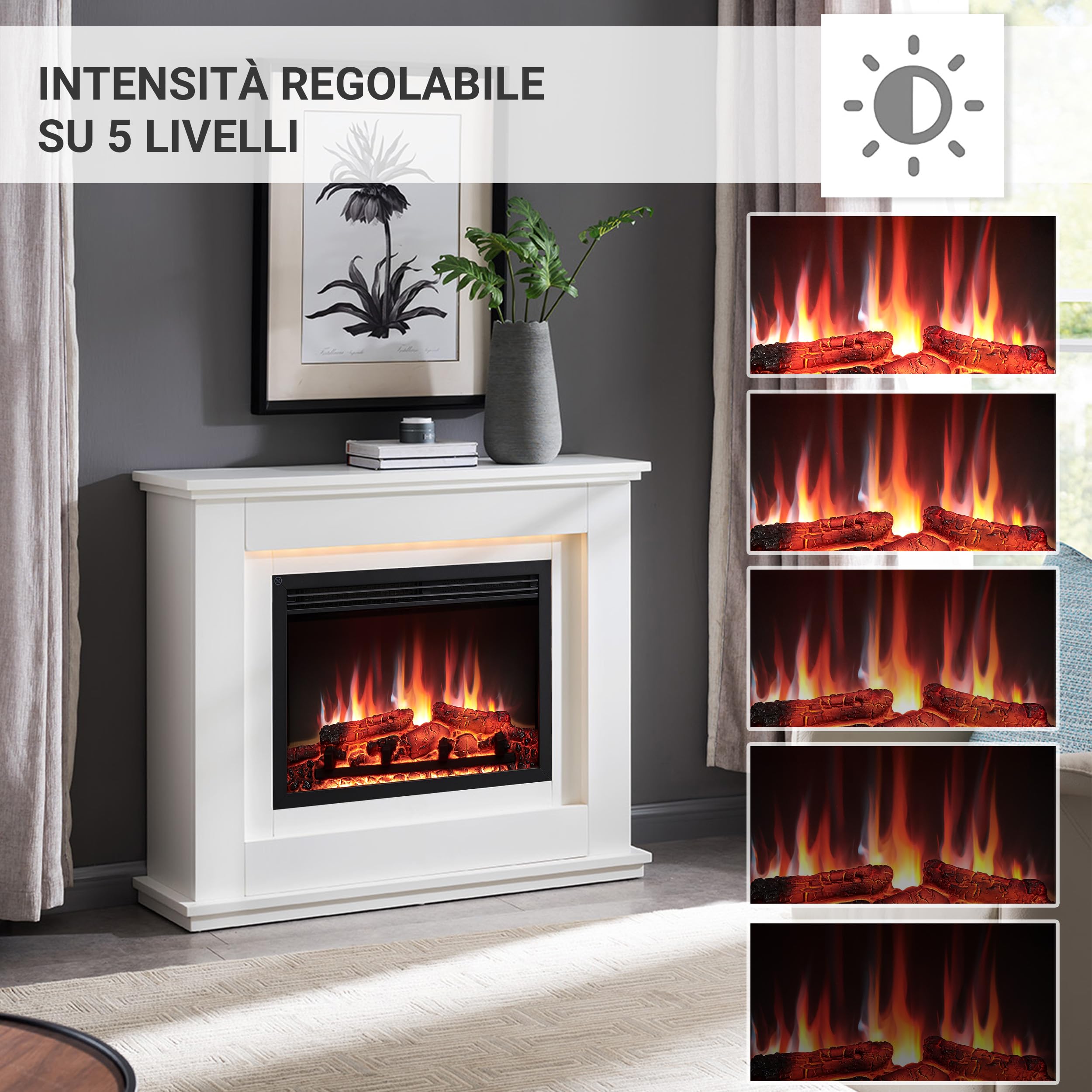 BALDERIA camino elettrico Baldur | Caminetto elettrico a pavimento con effetto fiamma 3D | Riscaldamento elettrico 2000 W | Focolare con app, telecomando, timer, termostato | Bianco