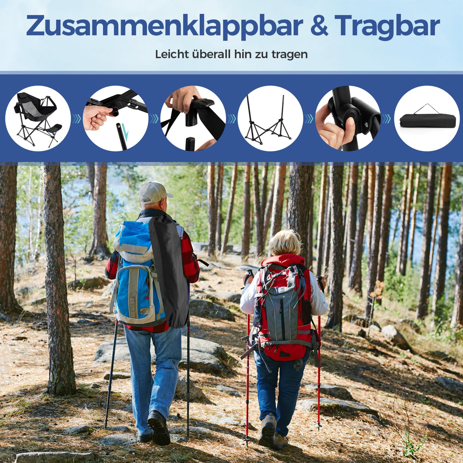 COSTWAY Campingstuhl mit Fußstütze, Verstellbarer Rückenlehne, Kopfstütze & Getränkehalter, klappbarer Angelstuhl, Faltstuhl, Klappstuhl, Tragfähigkeit 150 kg, inklusive Tragetasche