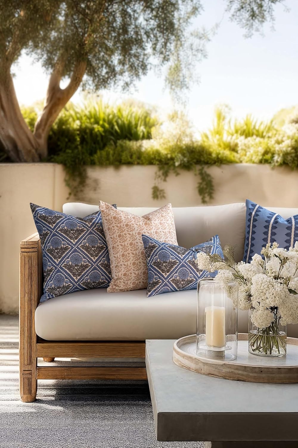 Crumbs Home California Casual Coastal Indoor Outdoor Lumbar Pillow Cover, 12"x20" Water Repellent for Patio, Backyard, Couch, Azure Light Blue Block Print Vintage Hydrangea Flowers