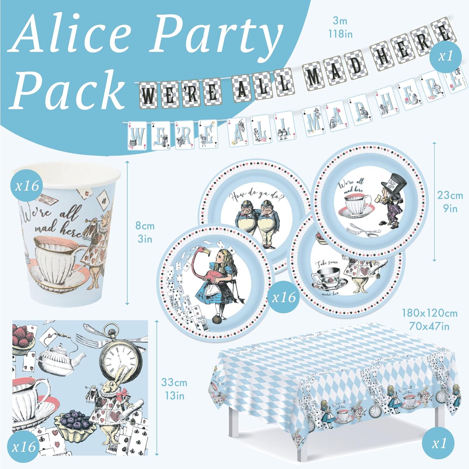 Talking Tables 50pcs Alice in Wonderland Party Set for 16 Guests, Napkins, Plates Cups, Bunting- Mad Hatter Tea Party Decorations FOR Baby Shower Mother's Day Bridgerton Wedding Birthday Decorations