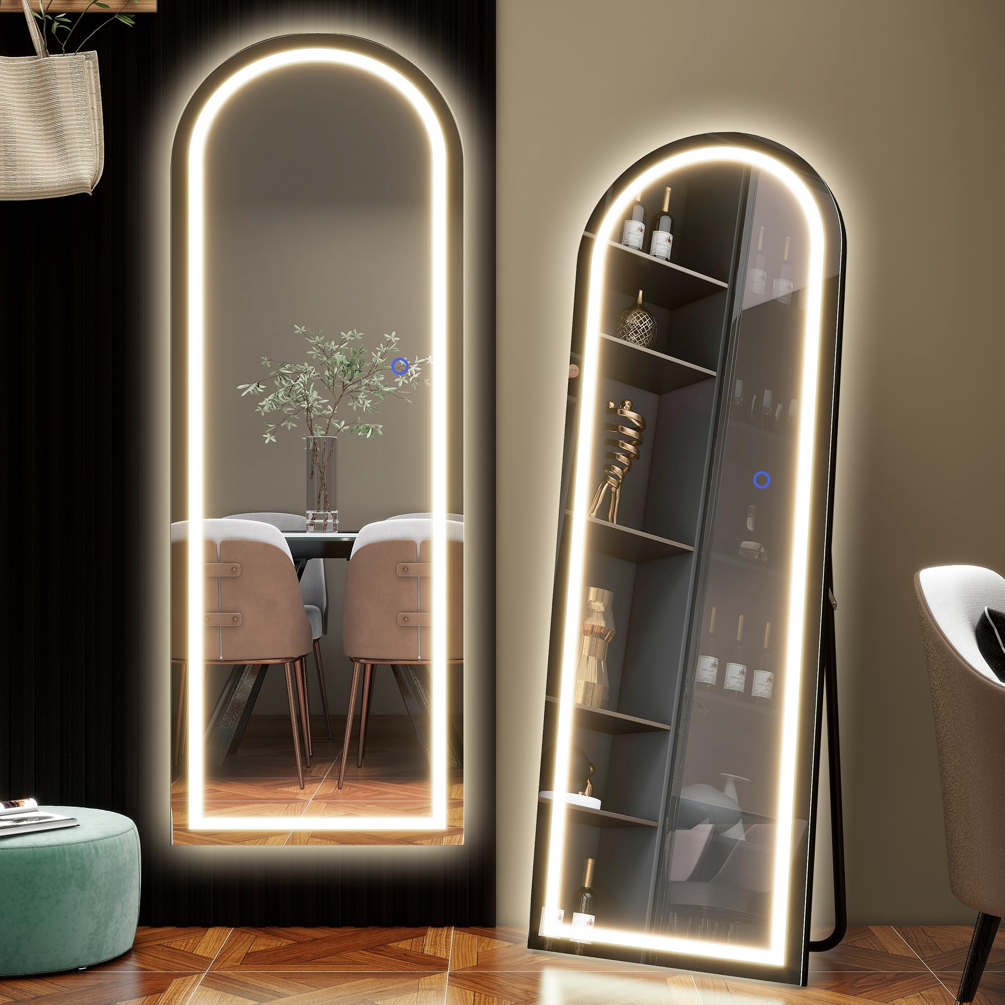 Photo 1 of NeuType Arched Full Length Mirror with Lights, 63"x20" LED Full Length Mirror with Stand, Full Body Mirror with Lights Wall Mounted Hanging Mirror for Bedroom, Dimming & 3 Color Lighting, Black Black Arch (Led) 63"x20"