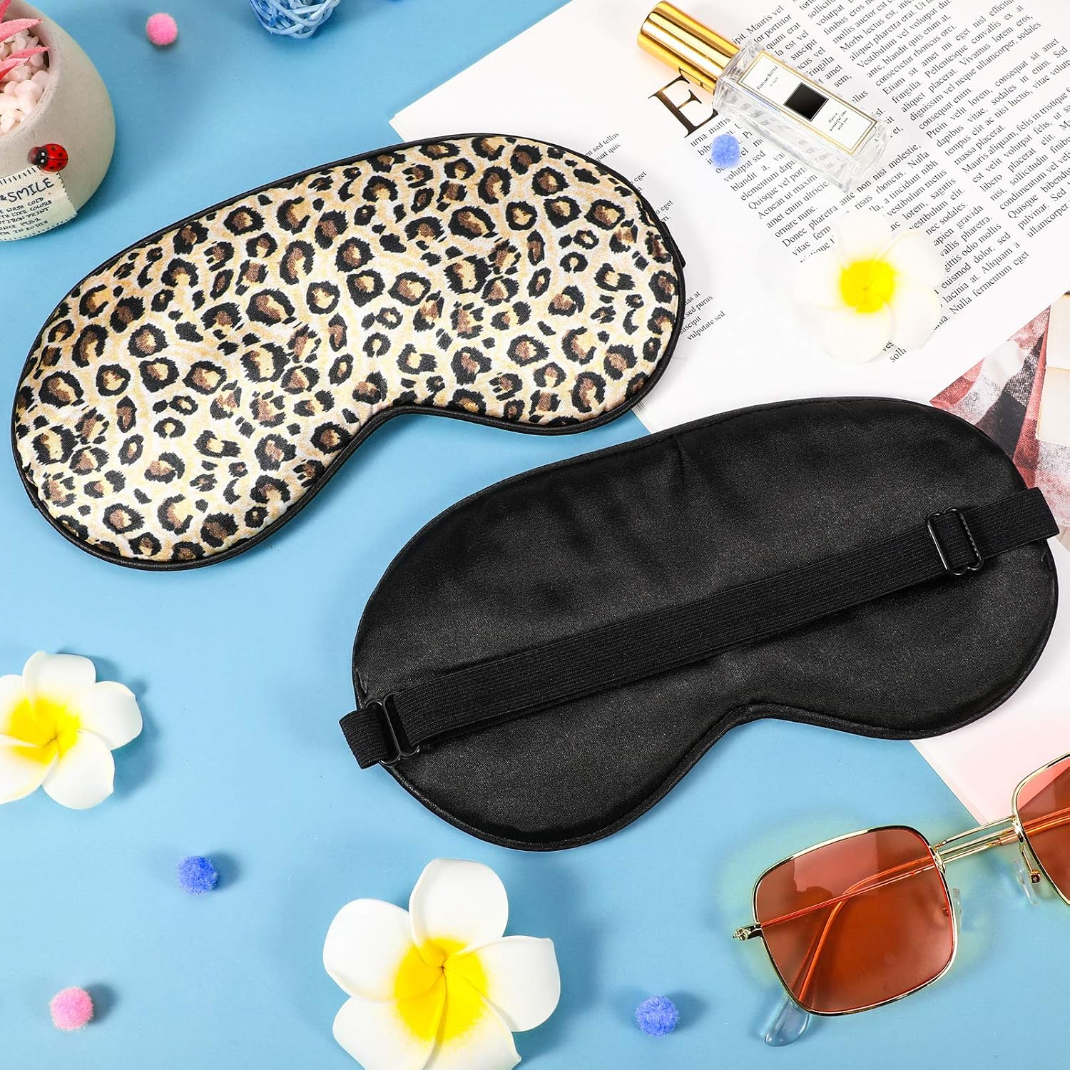 2 Pieces Silk Sleeping Mask with Adjustable Strap-Silk Eye Mask Soft Eye Cover Blindfold Eyeshade with Leopard Print, for Blocking Out Lights Sweet Sleep Travel Relax, Nap, Meditation (Black)