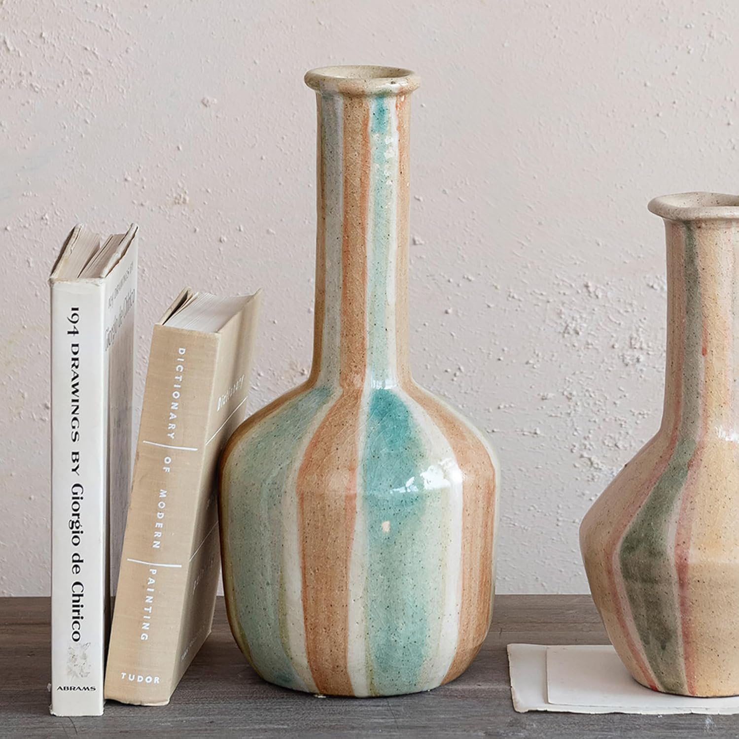 Creative Co-Op Hand-Painted Terra-Cotta Vase with Tall Neck, Crackle Glaze, Cream, Blue and Maroon