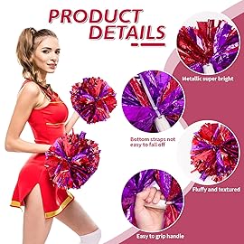 4Pcs Metallic Cheerleading Pom Poms, Creatiee 2 Pair Cheerleader Cheering Squad Pompoms for School Sports Dance Games Team Spirit Cheer (Purple Red)