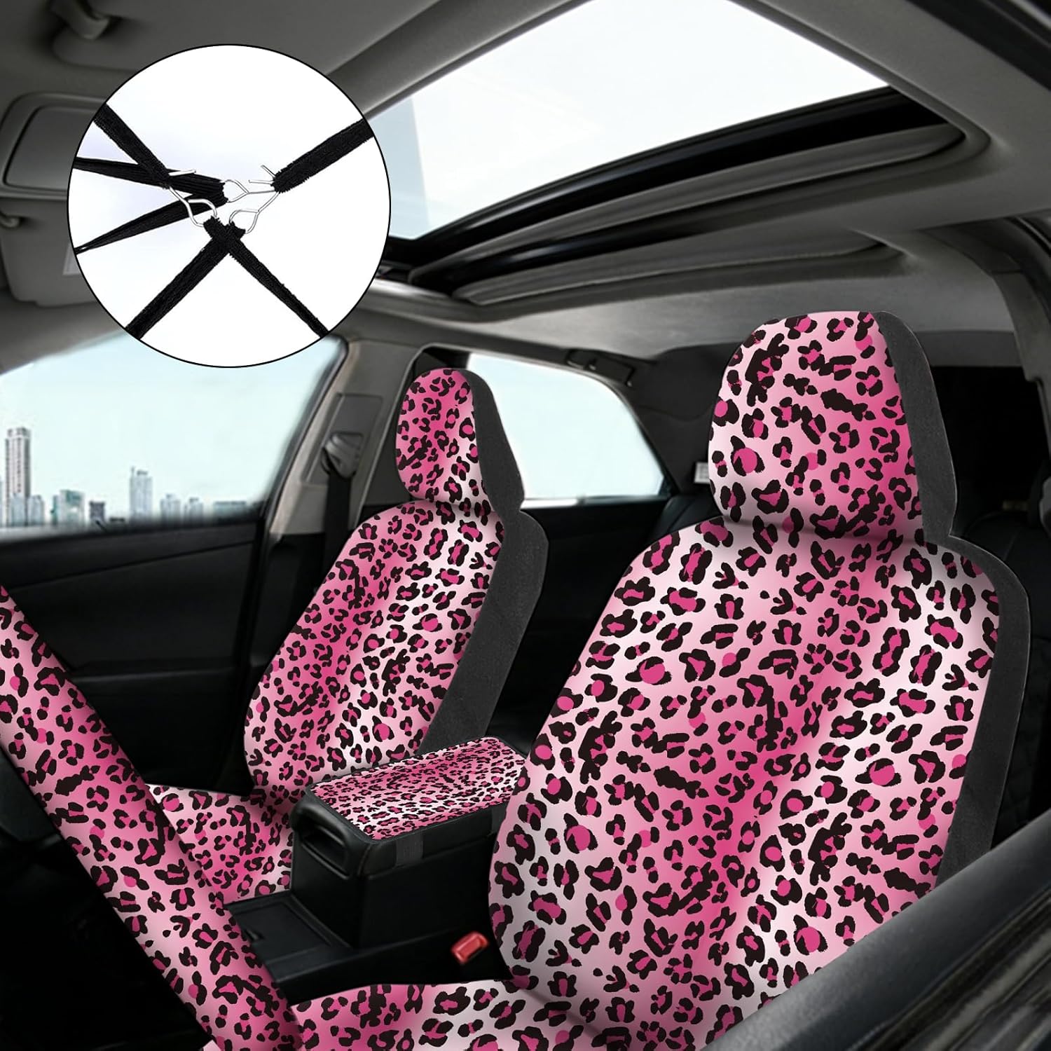 19 Pcs Leopard Print Printing Car Seat Cover Full Set,Car Steering Wheel Cover Center Console Armrest Pad Headrest Seat Belt Cover Handbrake Cover Keychain And Foot Mat Full Set Car SUV (Pink)