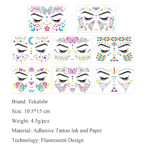 Miniatura 6 de Tatuajes temporales que brillan en la oscuridad, tatuajes temporales falsos para la cara, maquillaje UV, neón, mariposa, floral, tatuajes,