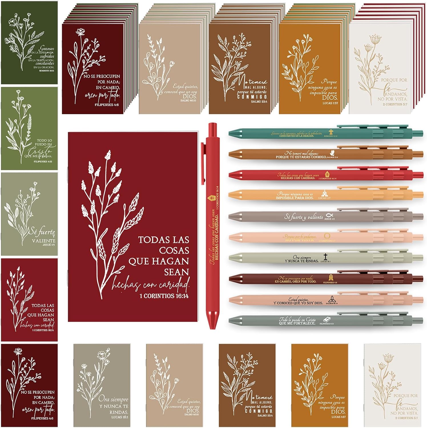 Kosiz 80 Pcs Mothers Day Gifts Bulk for Church Spanish Christian Gifts for Bible Verse Notepads Ballpoint Pens Mini Inspirational Scripture Notebook for Women Men(Elegant Colors)