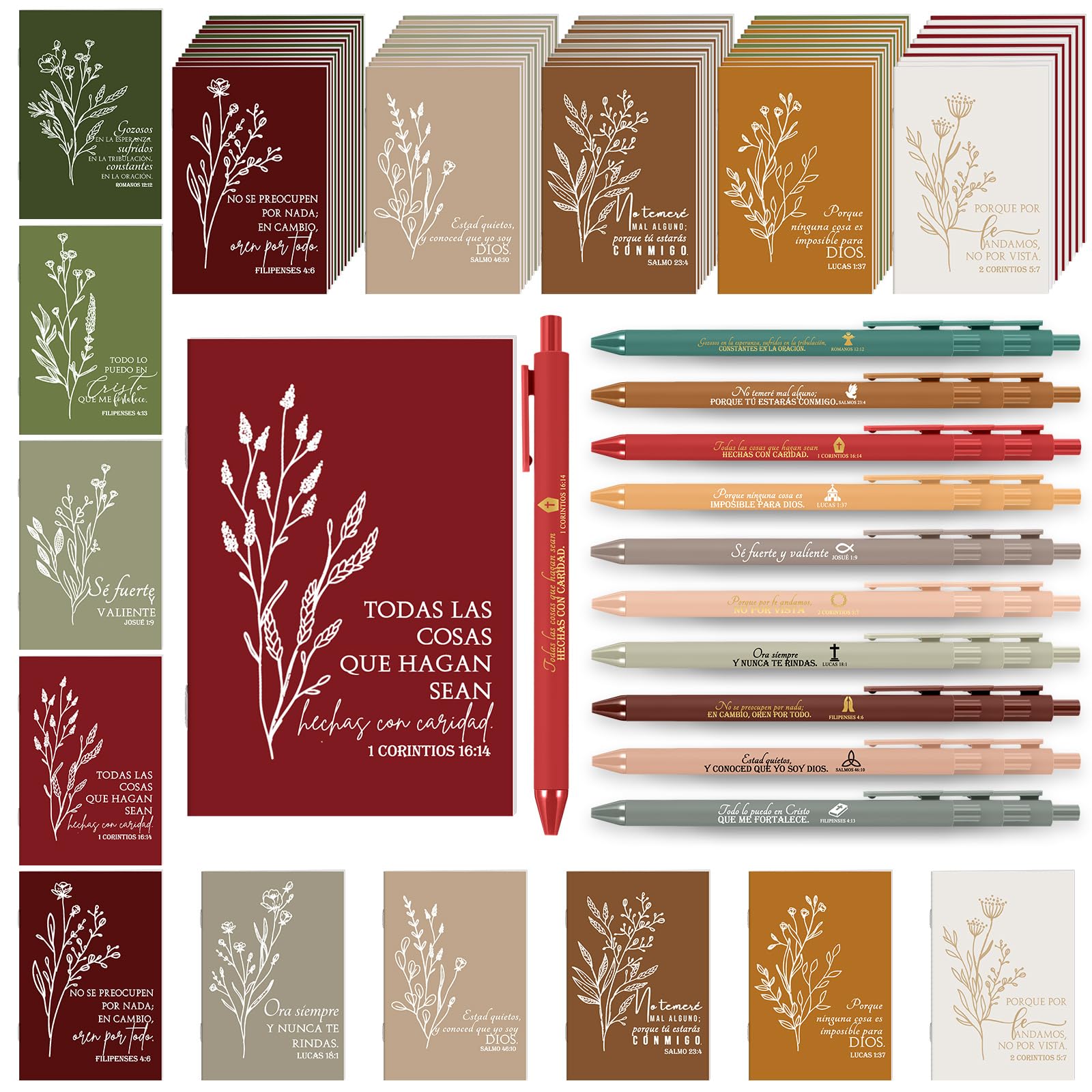Kosiz 80 Pcs Christian Women Gifts Bulk Spanish Christian Religious Gifts for Bible Verse Notepads Ballpoint Pens Mini Inspirational Scripture Notebook for Women Men(Elegant Colors)