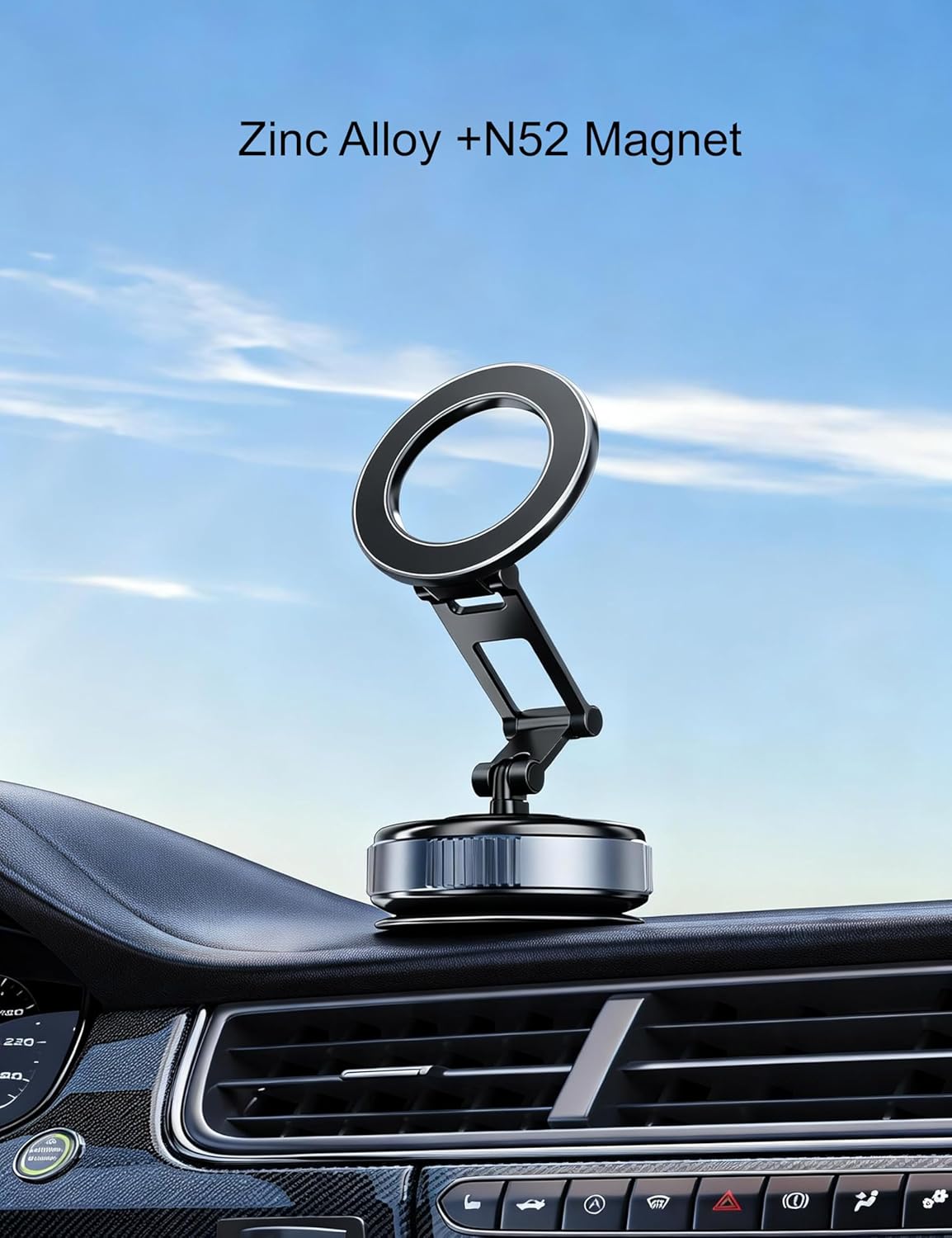 Magnetic Car Phone Mount, Zinc Alloy 360° Rotation Phone Holder, Vacuum Suction Cup for Dashboard & Windshield, Universal for iPhone 17-12 & Android Smartphones