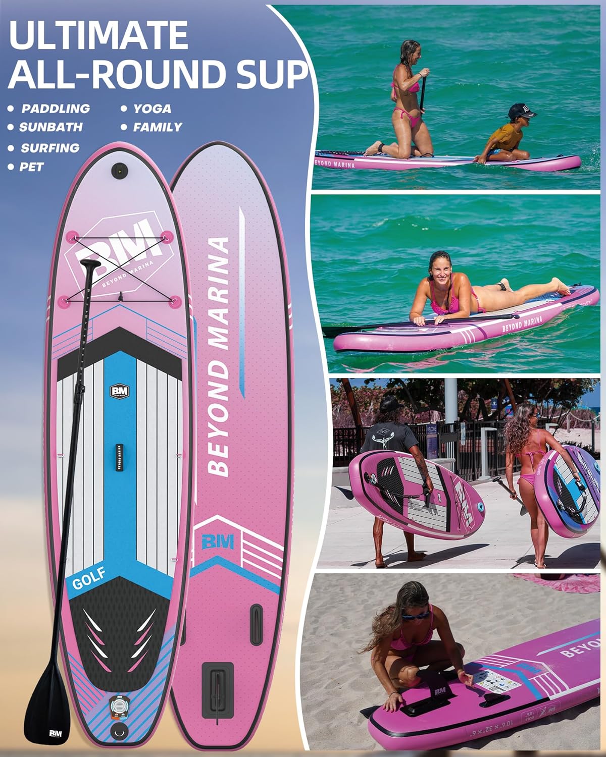 BM Paddle Board Inflatable Stand Up Paddle Board, SUP Paddleboard for Adult, Premium Accessories | Non-Slip EVA Deck & Foam Handles, Camera Mount, Double Action Pump, 85L Travel Backpack