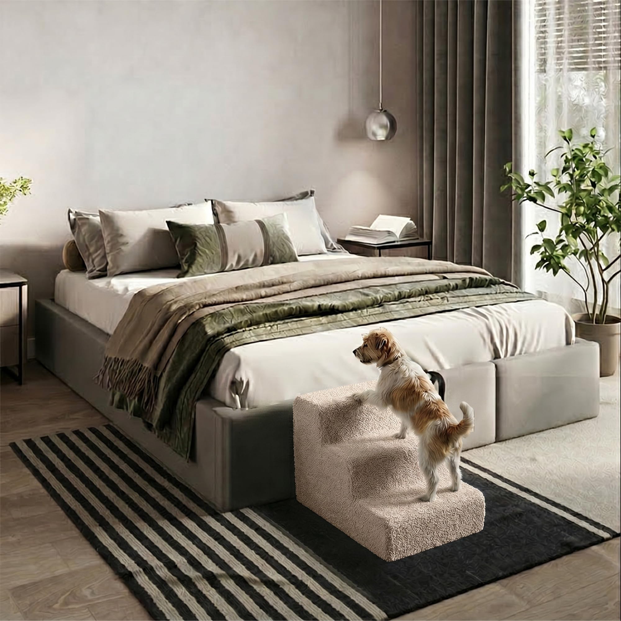 murando - Scala per Cani Piccoli - 3 Gradini - 30 cm - Scaletta per Cani e Gatti - Scale per Cane - Rampina in Schiuma con Antiscivolo per Letto Matrimoniale - Copertura Sfoderabile - Bouclé - Crema