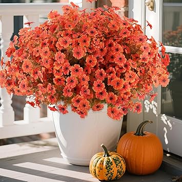 Hananona 18 Pcs Artificial Mum Flowers for Outdoors, Faux Fall Mums Silk Flower for Outside, Fake Orange Flowers for Fall Patio Front Door Planter Autumn Halloween Home Decorations (18, Orange)