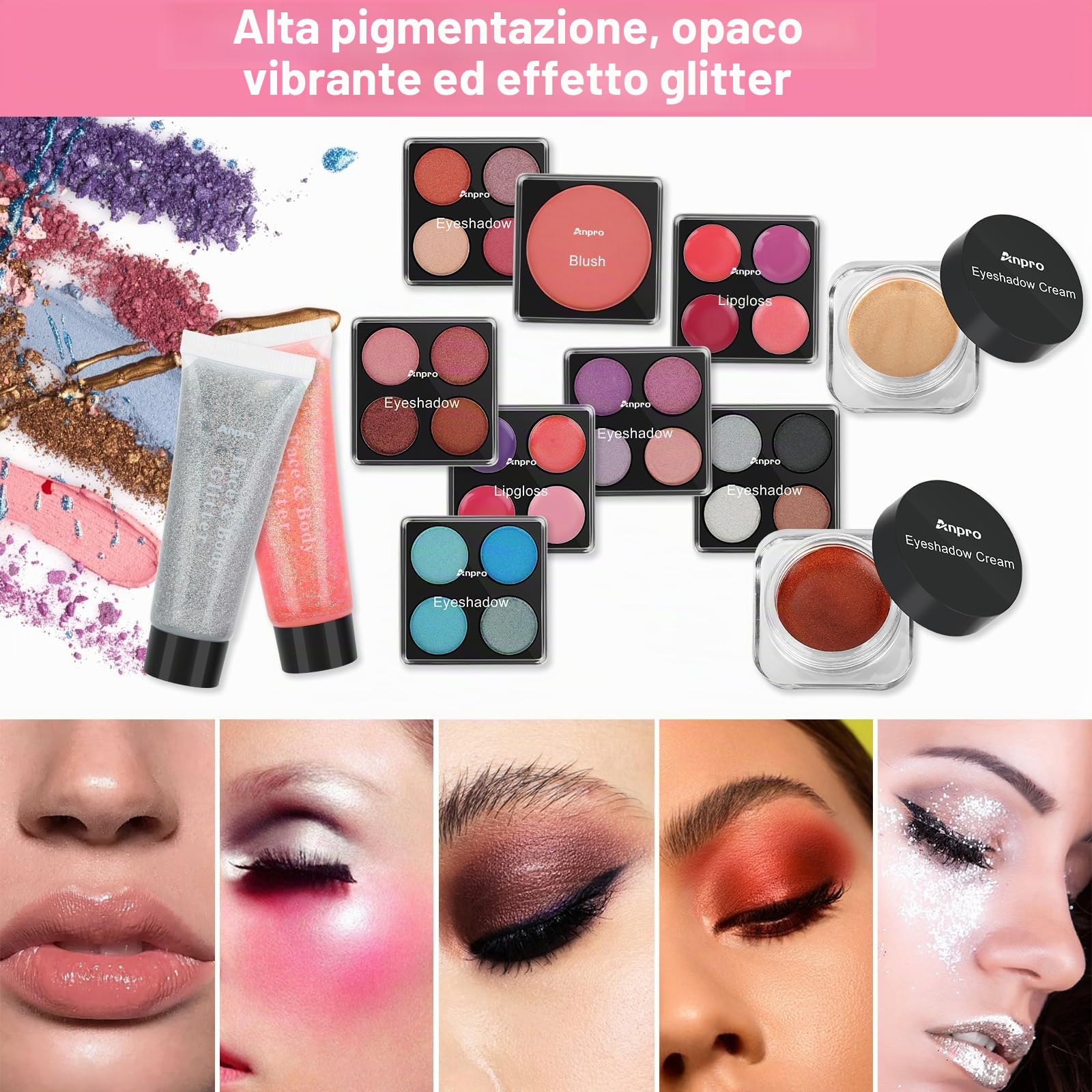 Anpro Set Trucchi, con una collezione professionale di trucchi per adolescenti. Il set completo di cosmetici include pennelli per il trucco, rossetto, palette di ombretti, fard e glitter gel ros