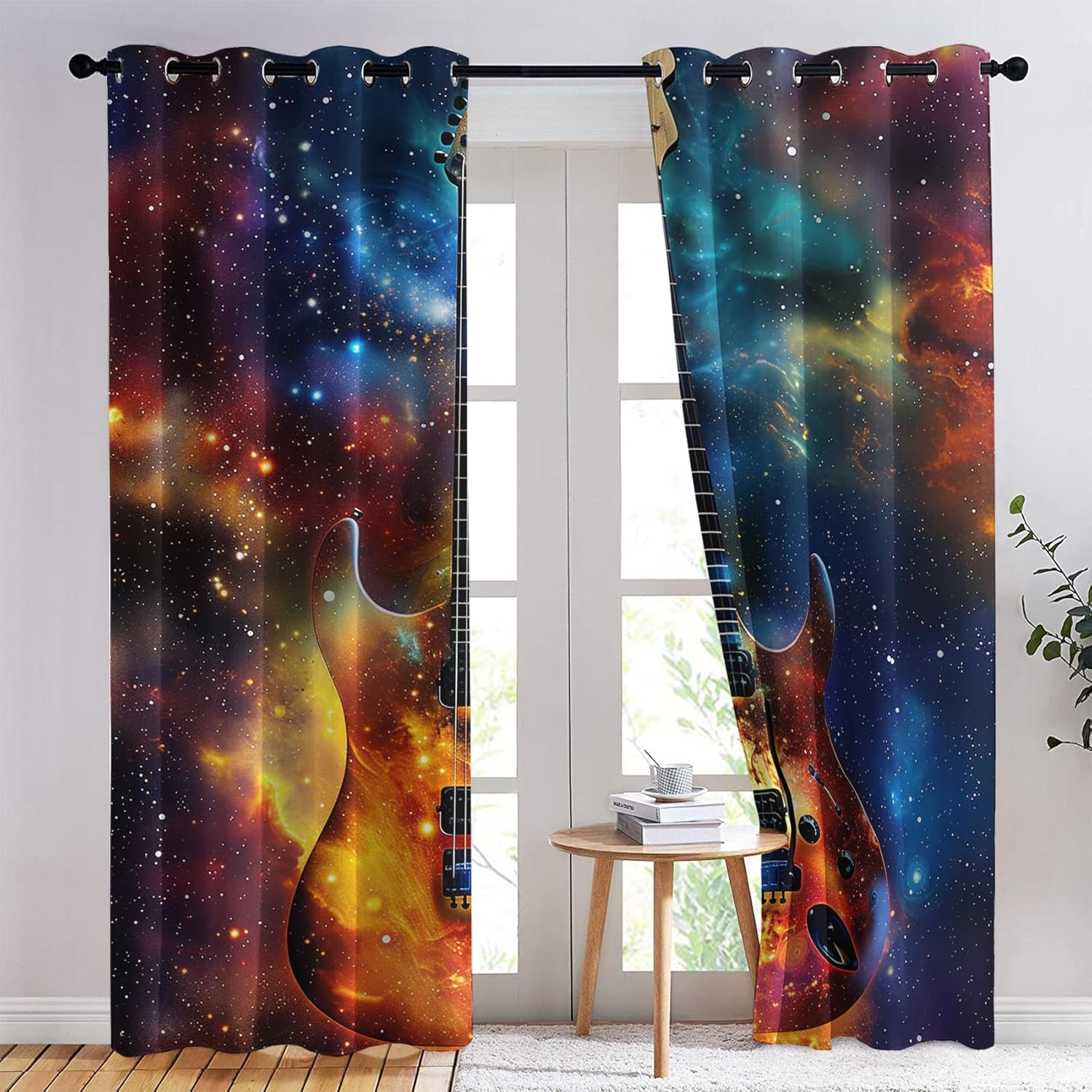 Electric Guitar Galaxy Patterned Blackout Curtains for Bedroom, Living Room Decor, Room Darkening Thermal Insulated Grommet Drapes, Rock and Roll Window Treatments, 84 Inch Curtains 2 Panel Set