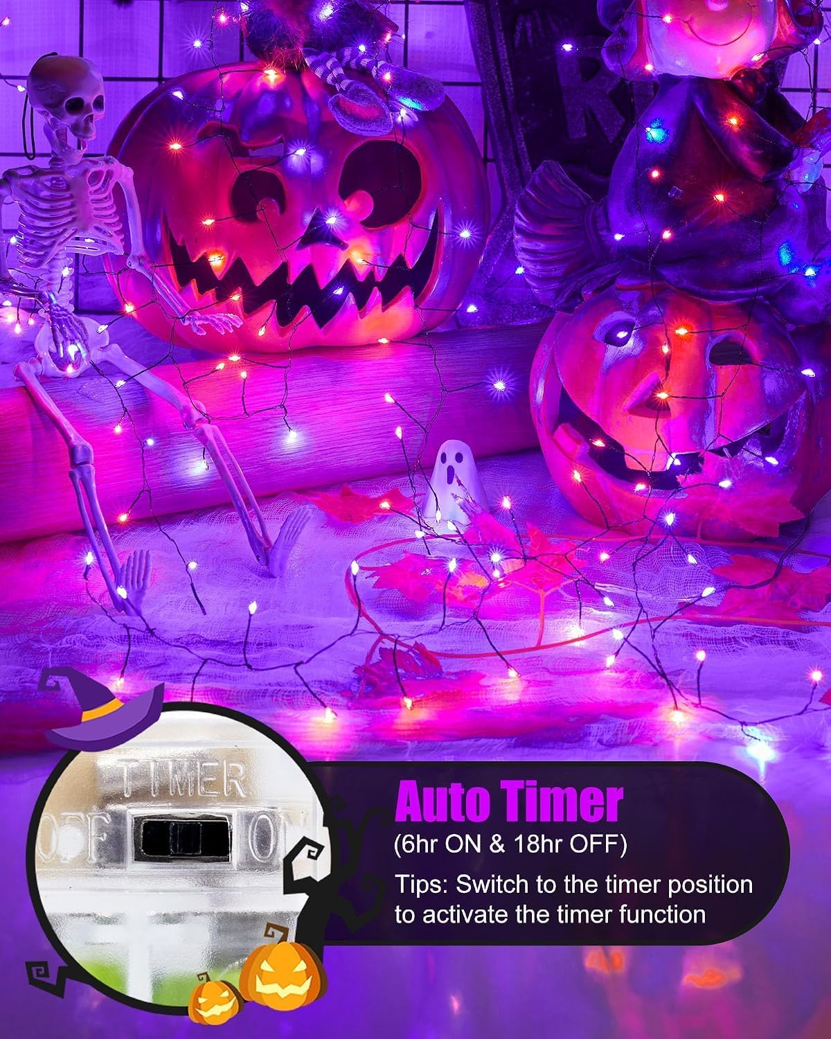 Brightown Halloween Fairy Lights Battery Operated, 10 FT 120LED Firecracker String Lights, Silver Wire Firefly Lights for Bedroom Home Haunted House Indoor Outdoor Holiday Decorations, Orange & Purple image 2