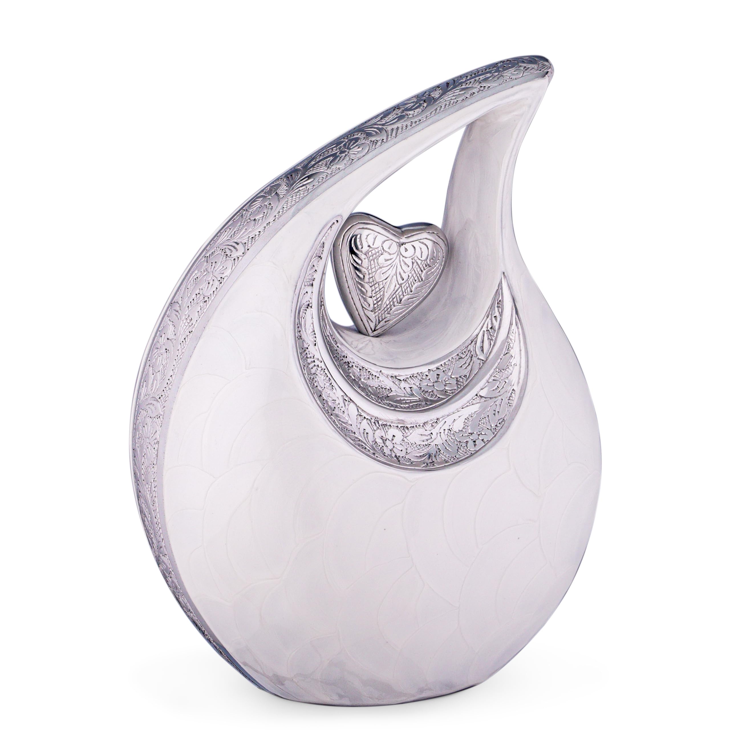 Grande urne en Forme de Larme Blanche avec cœur en Argent pour Cendres humaines – Urnes pour Hommes et Femmes Adultes – Urne en Forme de cœur, 2,5 LTR, Blanche avec cœur en Argent