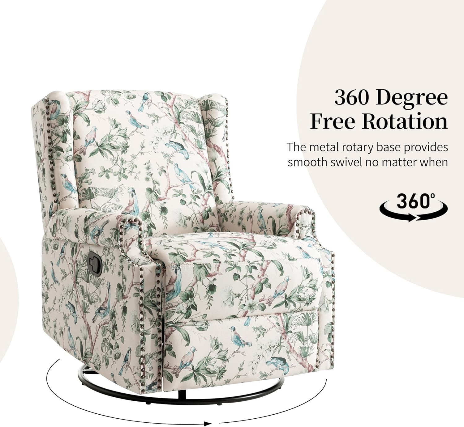Image showing the DREAMSIDEA Swivel Rocker Recliner Chair with an arrow indicating its 360-degree free rotation capability.