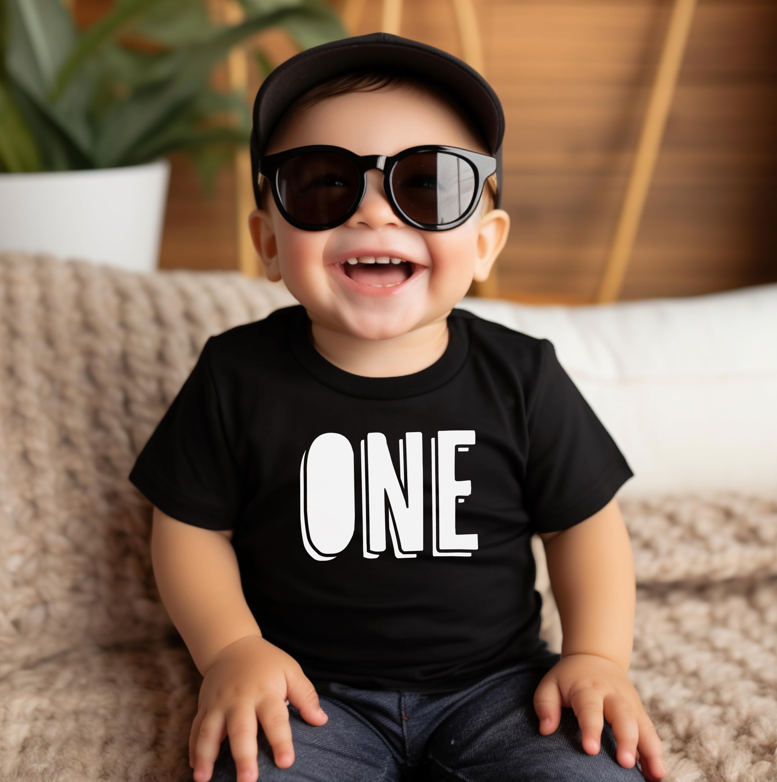 First Birthday Shirt One Outline for 1st Bday Infant Boys and Girls White on Black Shirt 12 Months