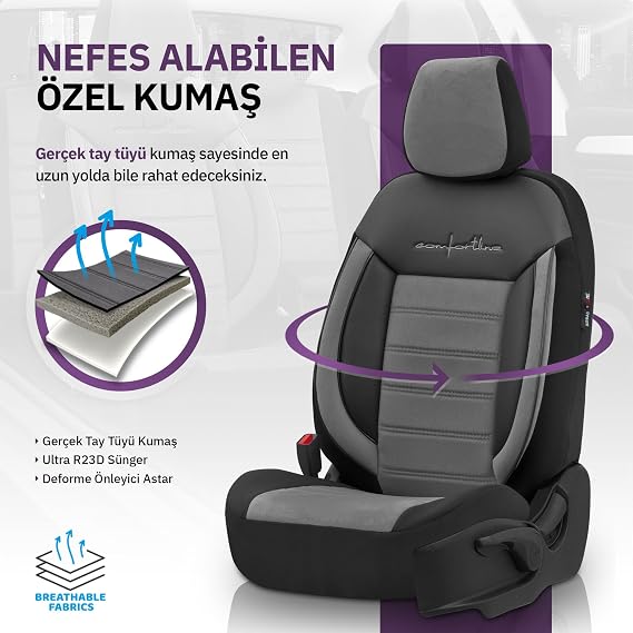 Comfortline Design Tay Tüyü Süet Oto Koltuk Kılıfı Ekstra Destekli Tam Set Premium (Gri-Siyah)