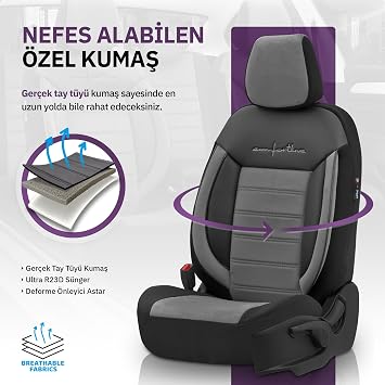 Comfortline Design Tay Tüyü Süet Oto Koltuk Kılıfı Ekstra Destekli Tam Set Premium (Gri-Siyah)