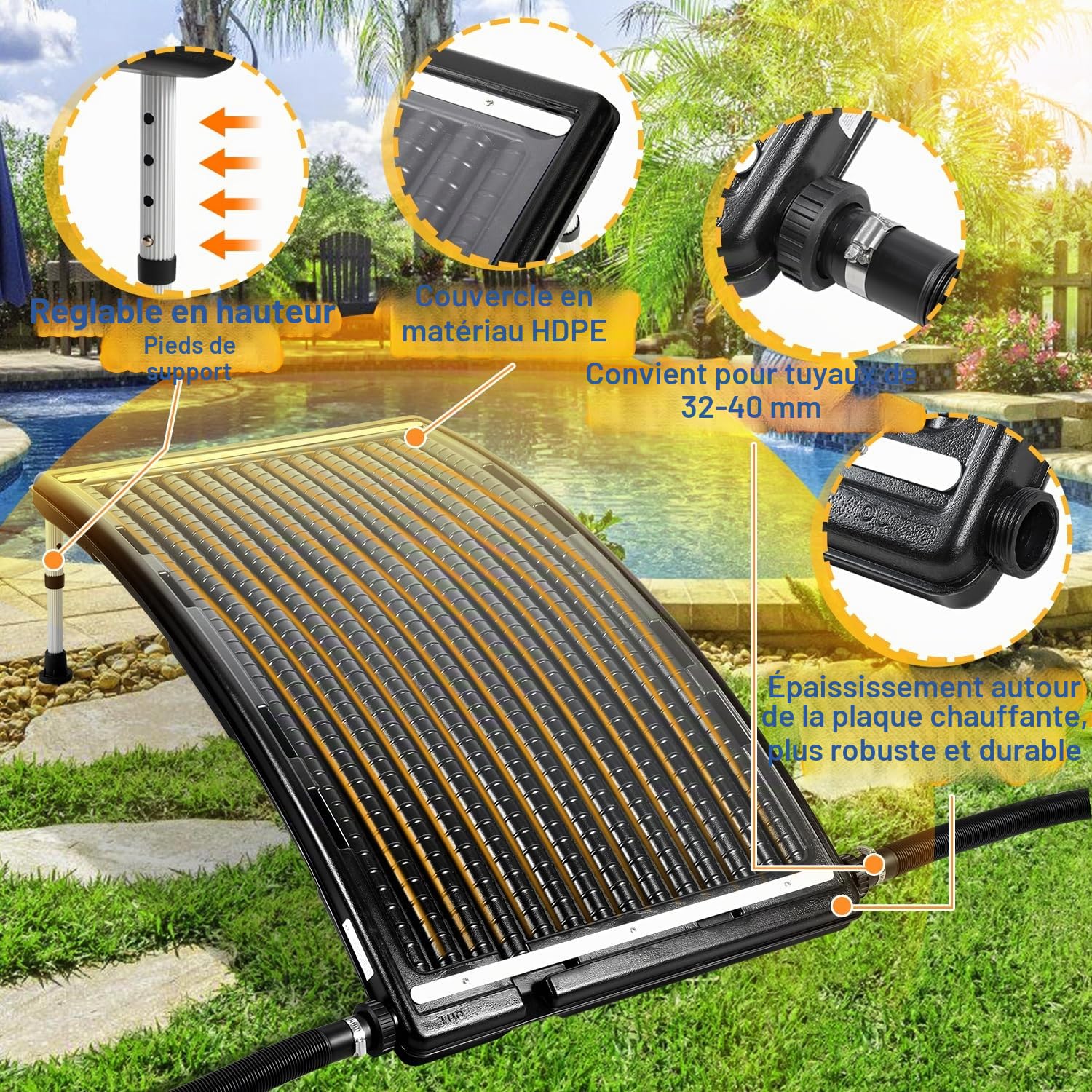 Panneau solaire de chauffage de piscine, 113 x 69 x 35 cm, débit maximal 10 000 l/h, chauffage de piscine, système solaire pour eau chaude, douche de jardin, piscine