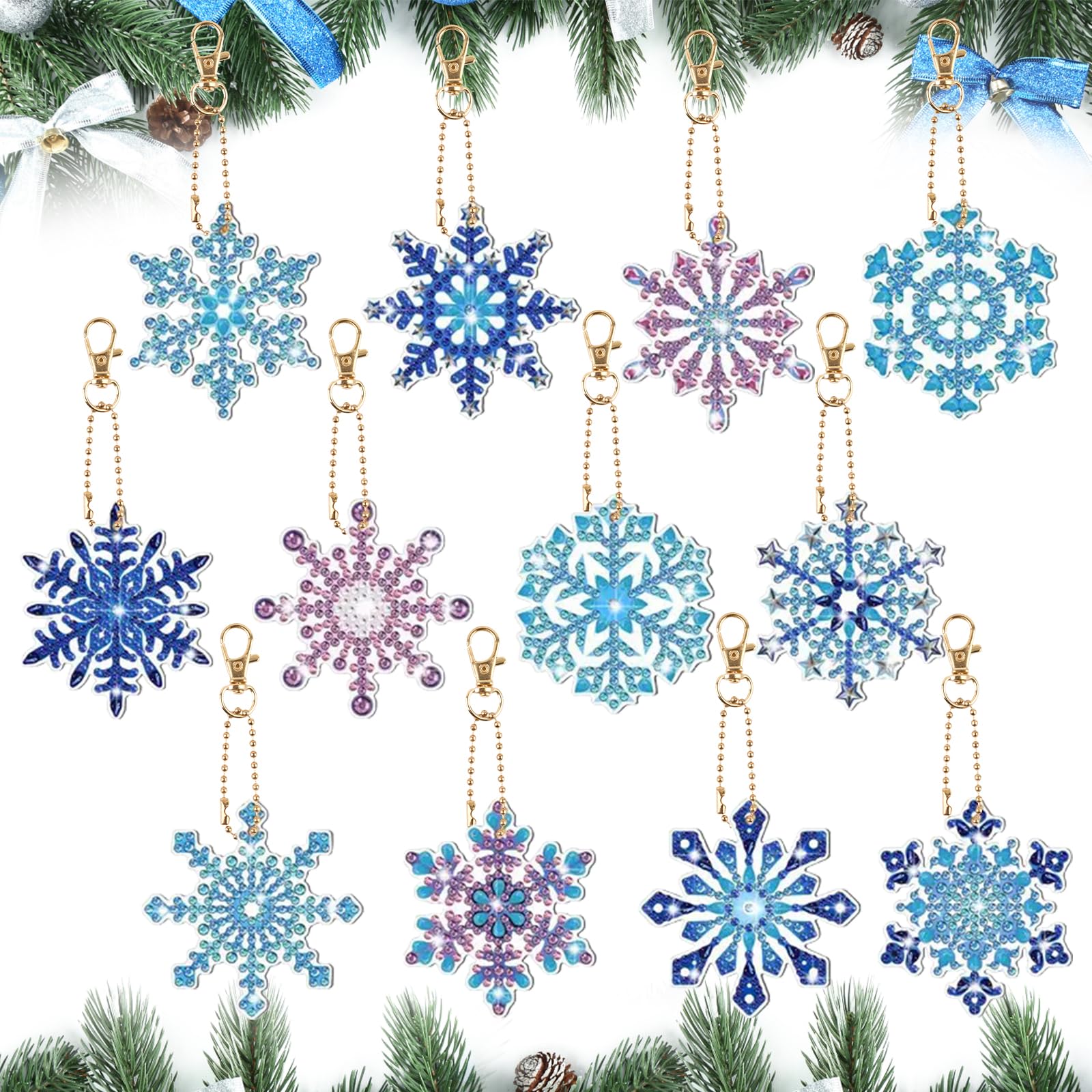 BETESSIN 12 Portachiavi Diamond Painting Natale - Fiocchi Di Neve 5D Con Kit Completo Fai Da Te Per Bambini - 2