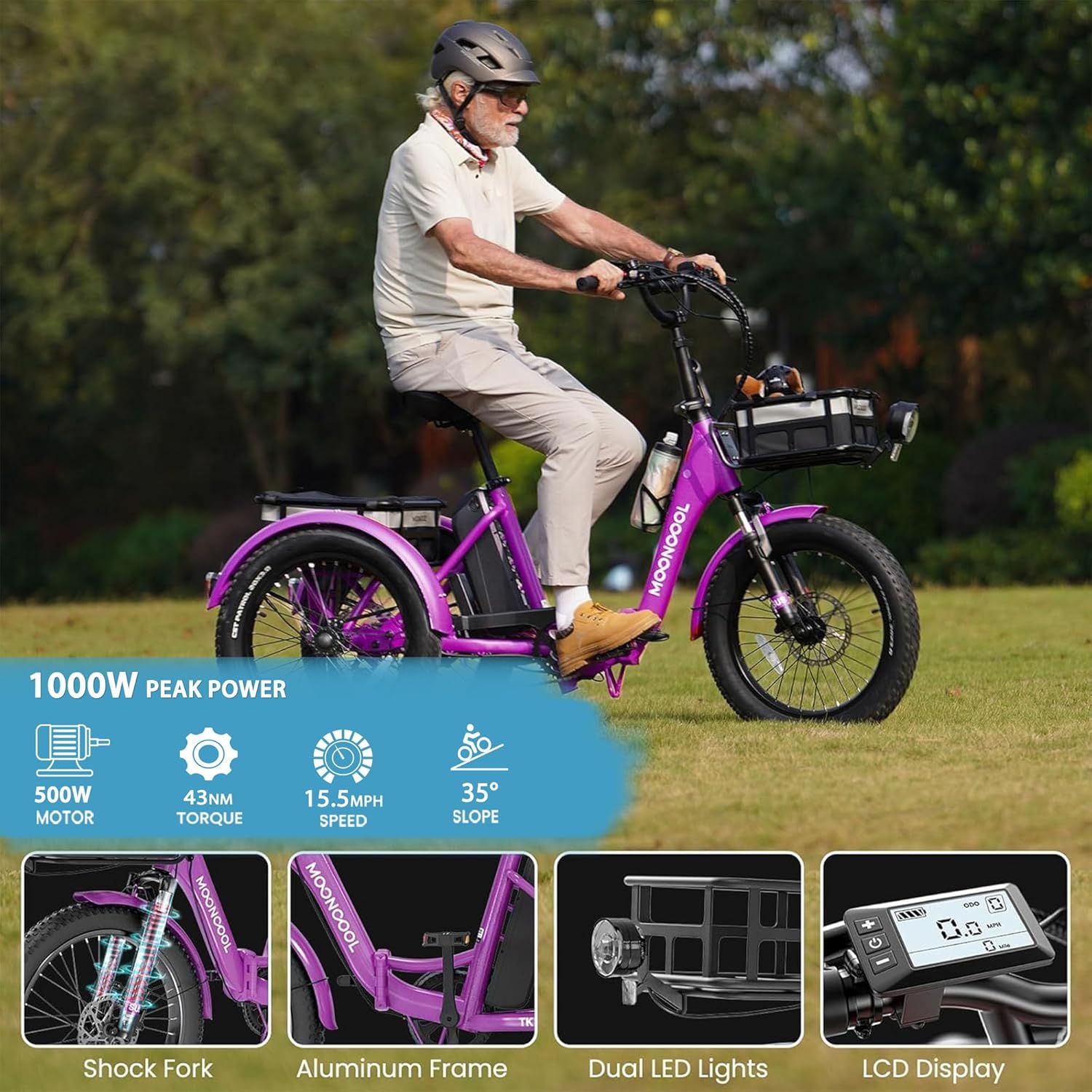 MOONCOOL Foldable Electric Tricycle for Adults, 20" Aluminum Etrike Fat Tire, Peak 1000W 48V 15Ah Rear Differential, Front Suspension, 15.5MPH, 450LBS Payload, 95% Pre-Assembled