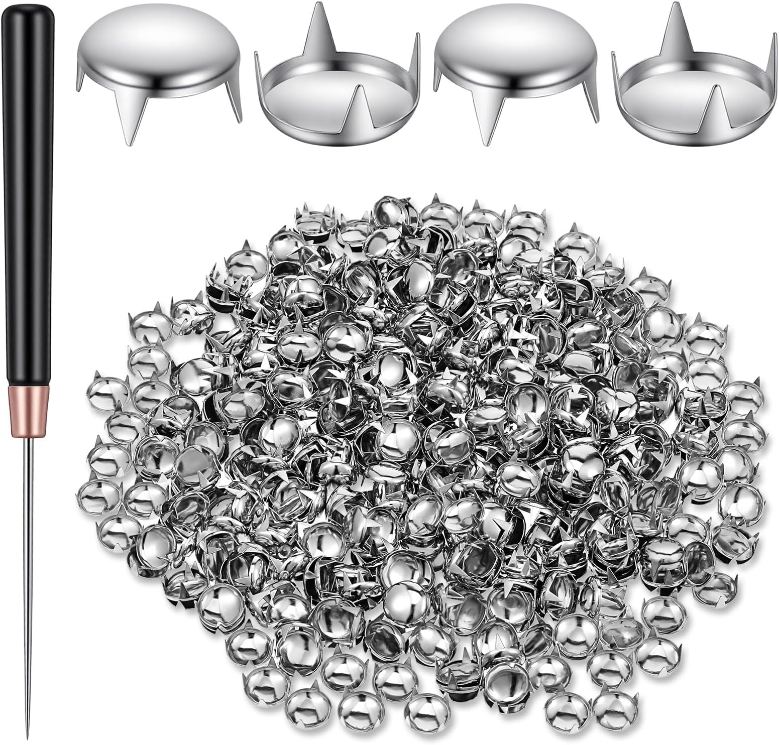 500 PCS 10mm Round Studs for Clothes, Silver Clothing Studs with Awl for Punk Rock Clothing Pet Collars Belt Bags