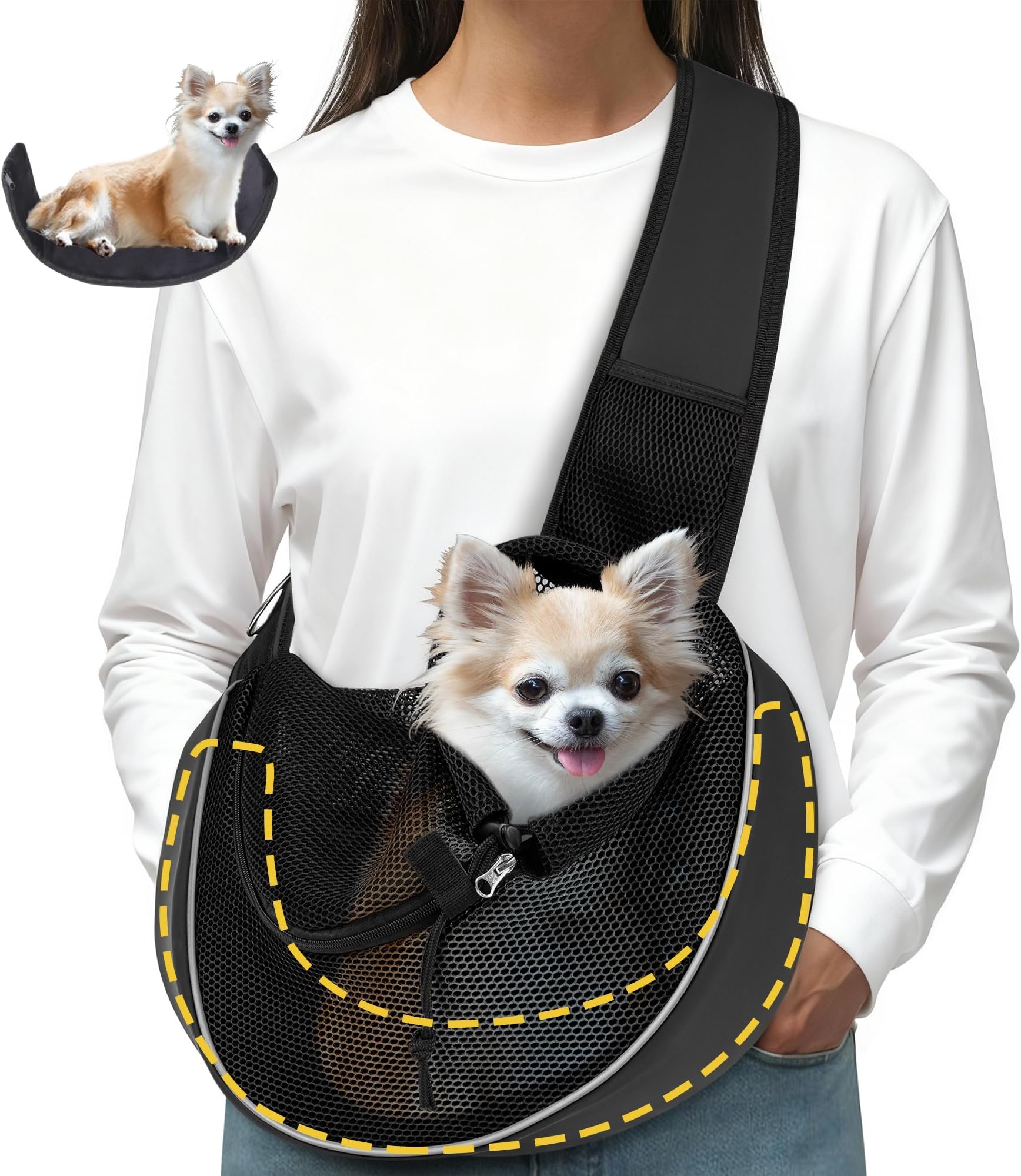 Small Pet Dog Sling Carrier Zipper Pocket Breathable Puppy Sling Carrier with Removable Bottom Adjustable Safe Dog Crossbody Carrier for Small Medium Dogs Cats Rabbit Outdoor Travel