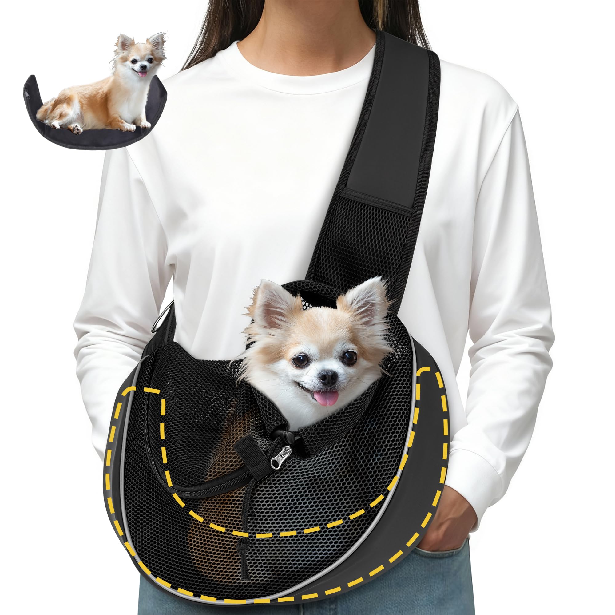 Small Pet Dog Sling Carrier Zipper Pocket Breathable Puppy Sling Carrier with Removable Bottom Adjustable Safe Dog Crossbody Carrier for Small Medium Dogs Cats Rabbit Outdoor Travel