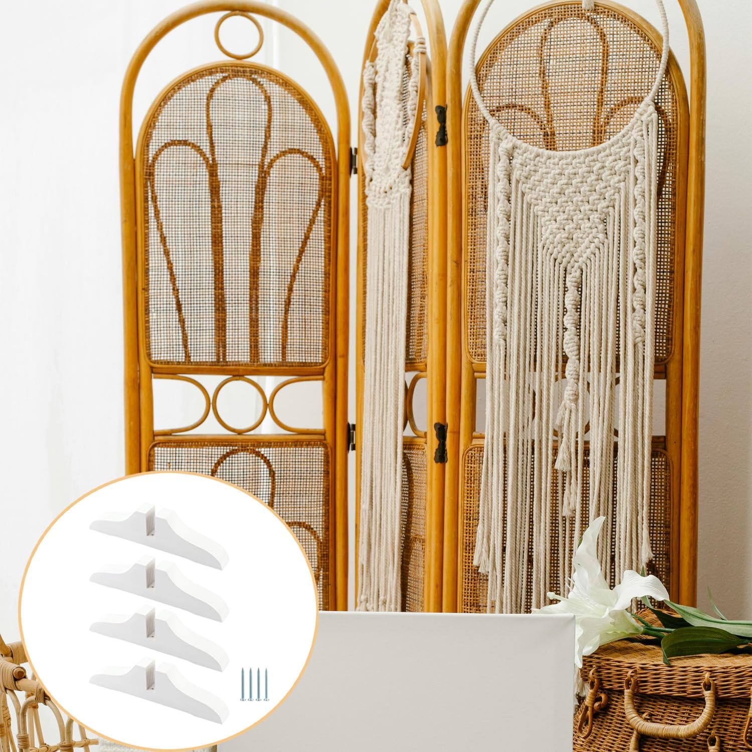 4pcs Folding Room Divider Stand, Folding Privacy Screen Holder Wooden Room Divider Stand with Screws, Room Screen Partition Support Bases for Hotel Home Office, White, 29 * 3.5 * 7.5cm