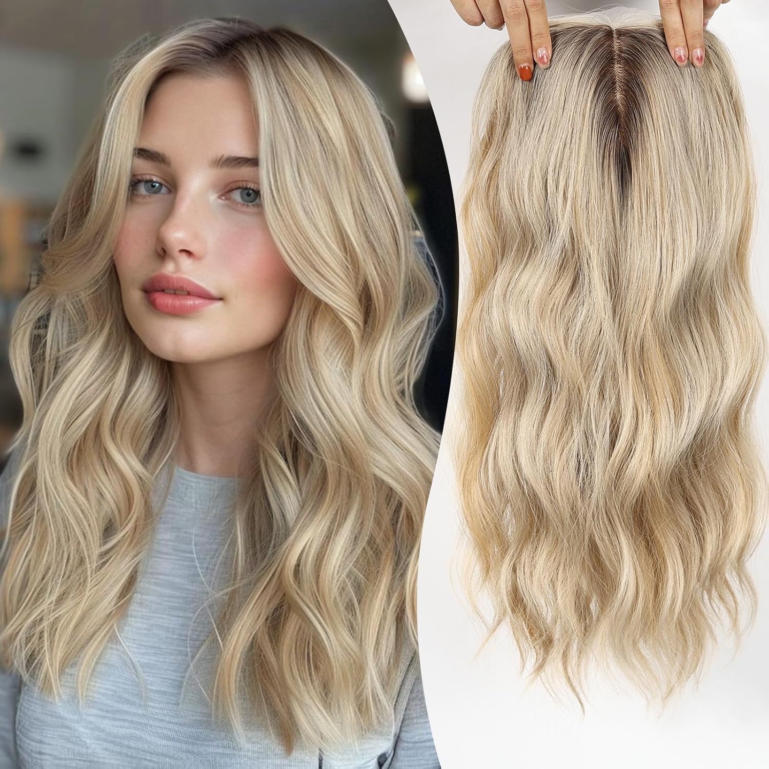 EMMOR 20 Inch Wavy Hair Toppers,Premium Synthetic Long Curly Hair Pieces with 6“ ×6” Large Base,Central Lace Clip In Hair Extensions for Women with Thinning Hair(Light Blonde & Honey Blonde Highlight)