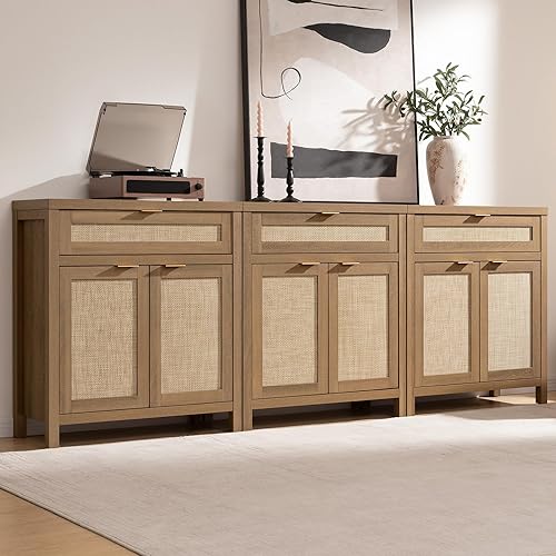 SICOTAS Sideboard Buffet Cabinet Set of 3, Rattan Credenza Storage Cabinet, Boho Buffet Table Console Cabinets with Drawer, Farmhouse Coffee Bar for Living Room, Natural Oak