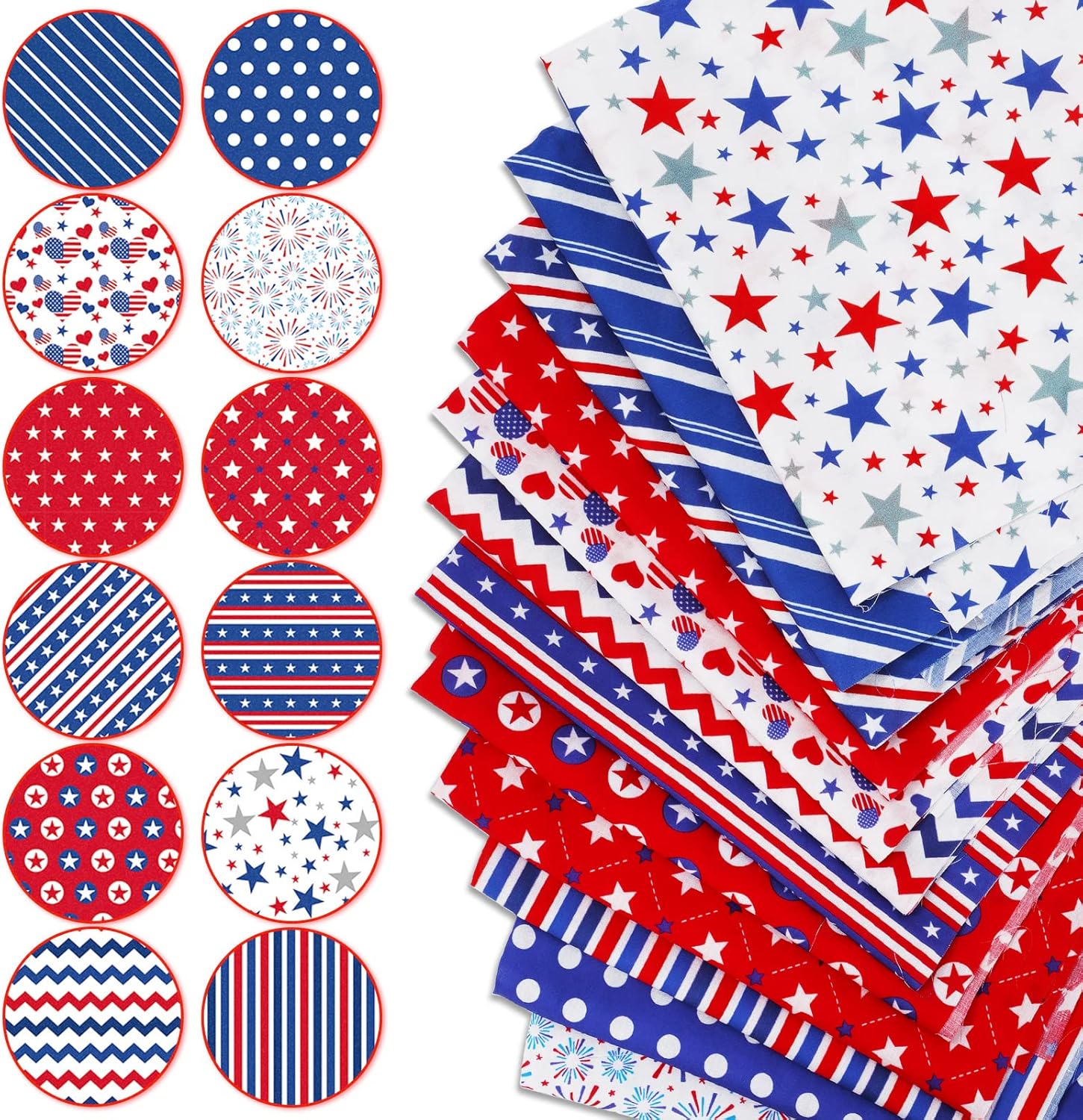 Whaline 12Pcs Patriotic Cotton Fabric Bundles 18 x 22 Inch Star Firework Fat Quarters 4th of July Quilting Patchwork Squares Independence Day Sewing Fabrics for 250th Anniversary DIY Craft Party Decor