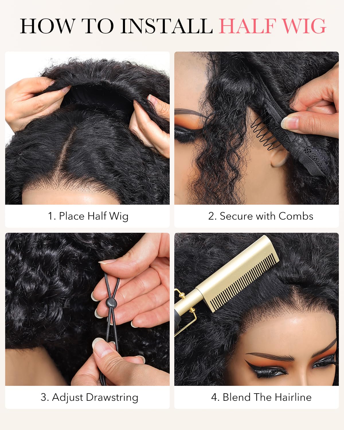 Tunfine Curly Half Wig Human Hair Water Wave Flip Over demi perruque 35cm
