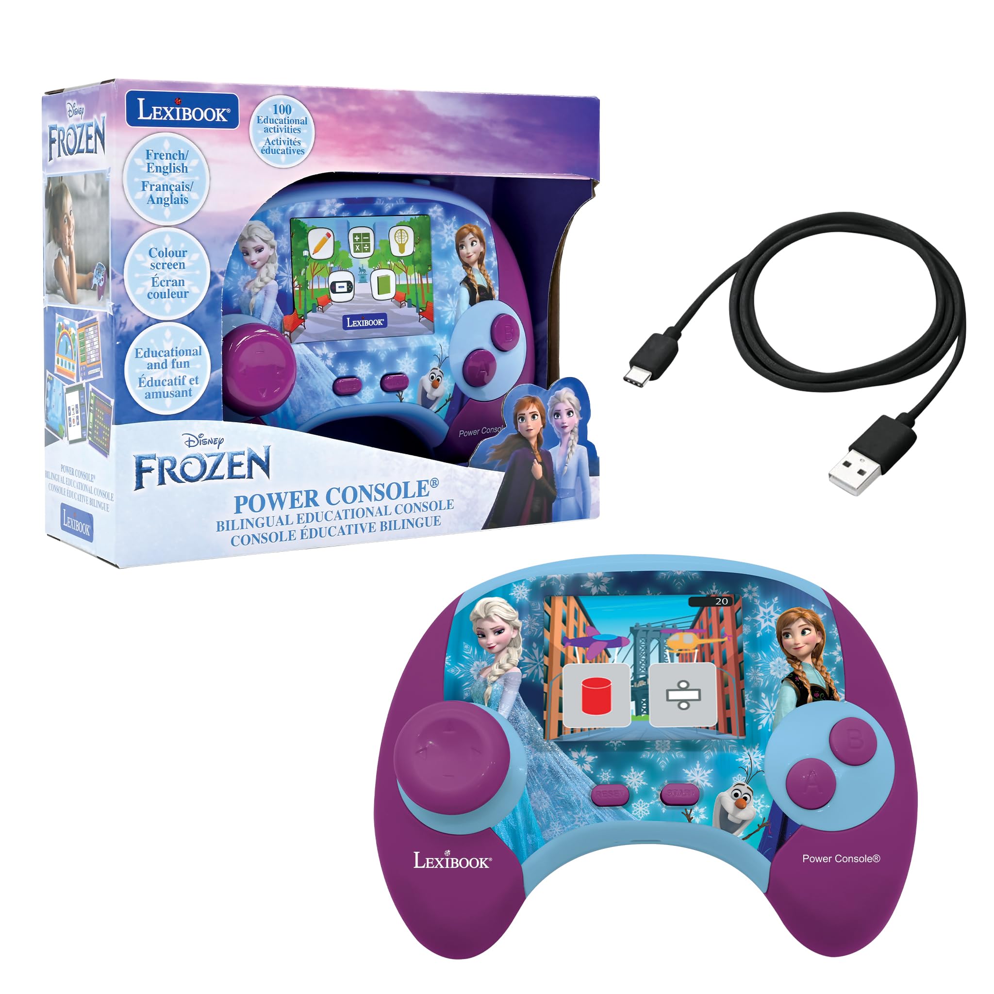 Lexibook, Frozen, Power Console®, Bilingual educational game console with 100 activities, French/English, Blue/purple, JCG100FZi1 — image 1