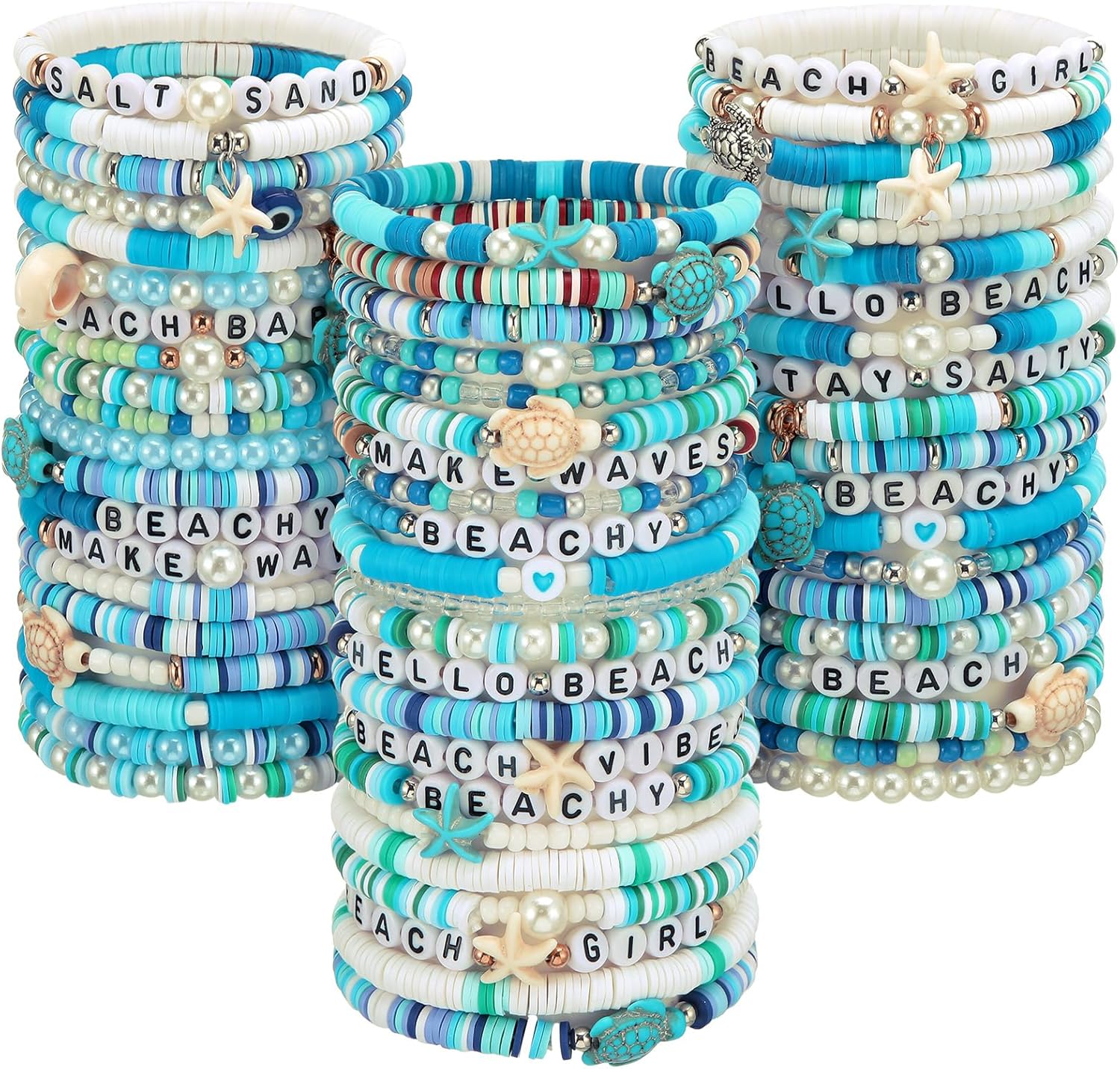 Landical 64 Pieces Summer Beach Bracelet Bulk Surfer Beaded Bracelets Stackable Clay shell Seashell Starfish Friendship Party Favor Pack Jewelry Outfits for Women Goody Bag Fillers