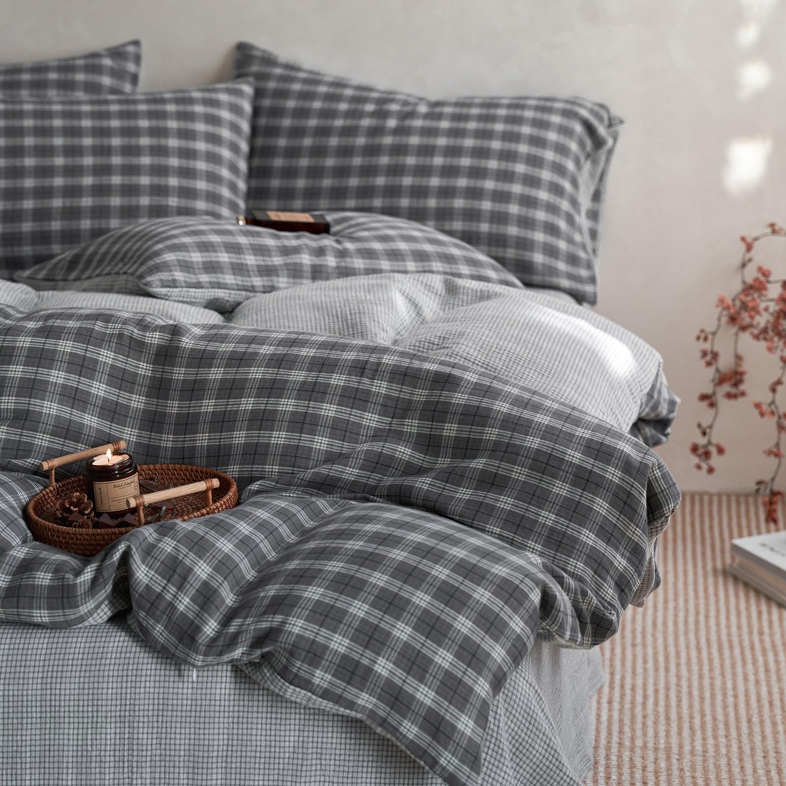 EAVD Vintage Grey Buffalo Plaid Duvet Cover King 100% Muslin Cotton Grid