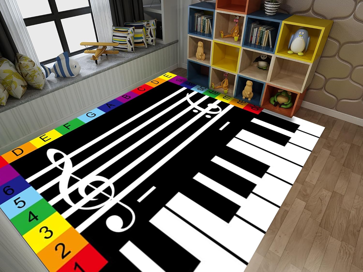 Black White Piano Note Area Rug,2x3ft, Children's Educational Colorful Alphabet Bedroom Carpets, Easy Clean Low Pile Indoor Decor Rug, Machine Washable Rug for Living Room Classroom