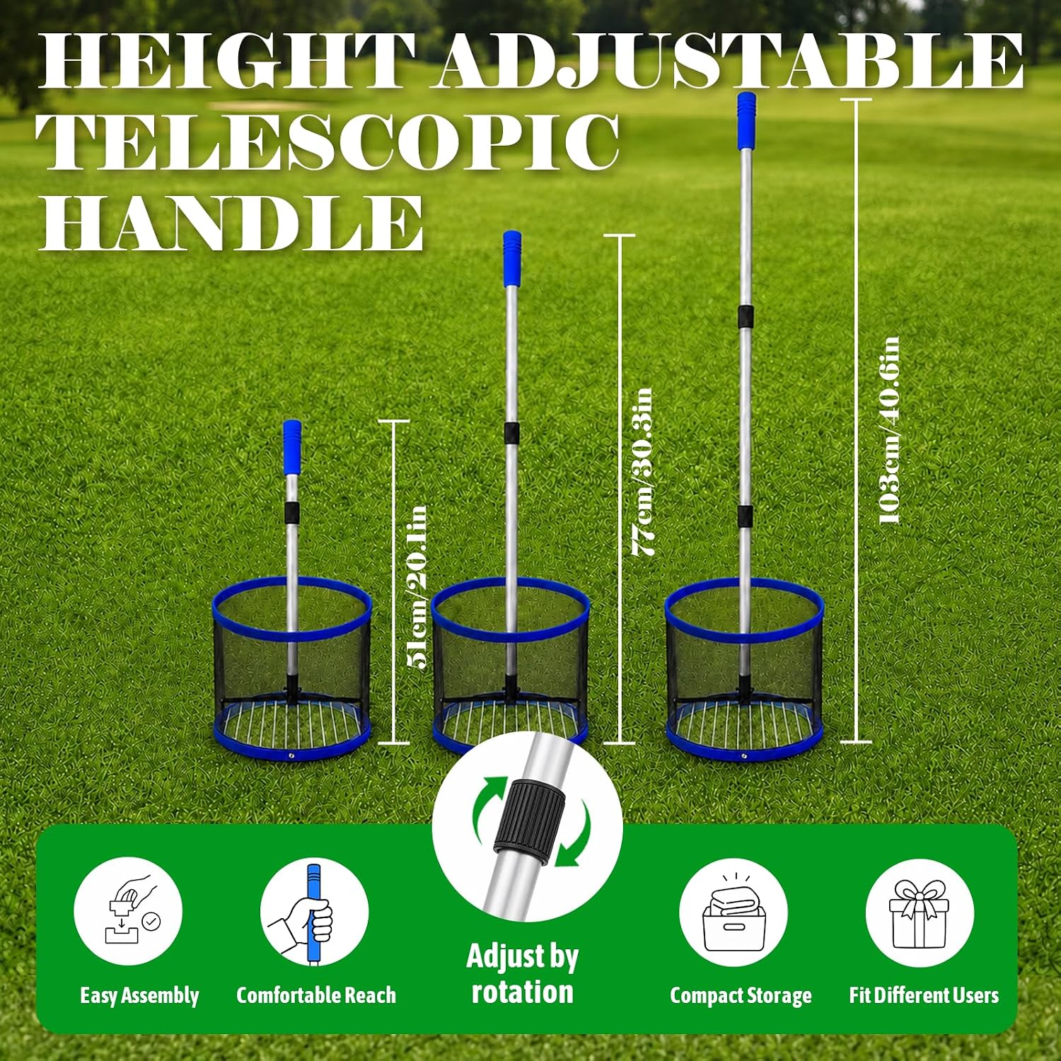 Golf Ball Picker Upper, Without Bending, 180° Adjustable Pickup Angle | Quickly Collects Multiple Balls, Large Capacity Ball Holder, Adjustable Height Pole, Great for Backyard Practice & Training