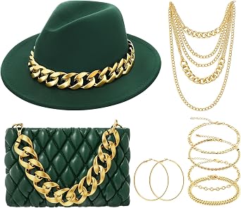 Tisancy Womens Fedora Hat and Metal Chain Crossbody Handbag Set