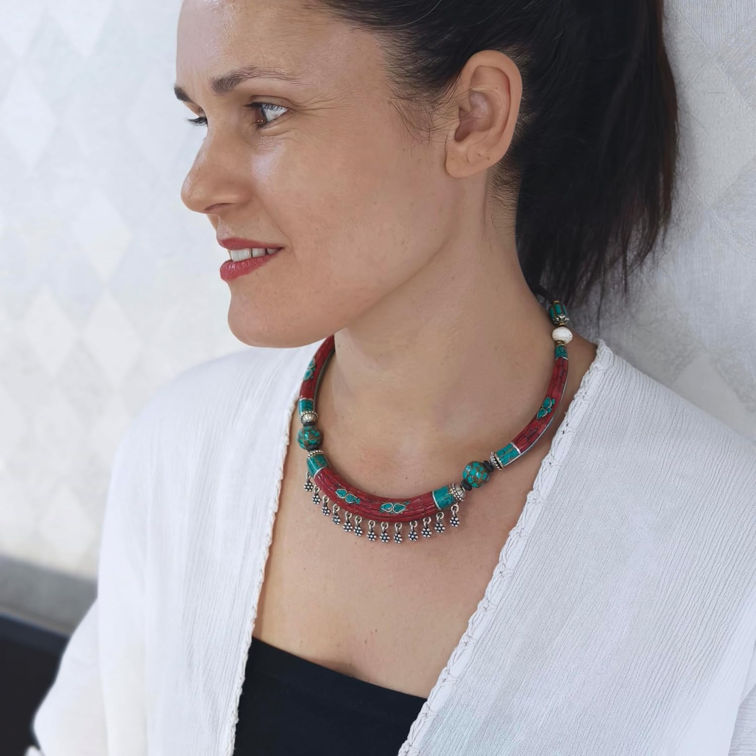 Tibetan Silver Ethnic Coral Turquoise Statement Necklace for Women Bohemian Choker Collar Jewelry Festival Necklace