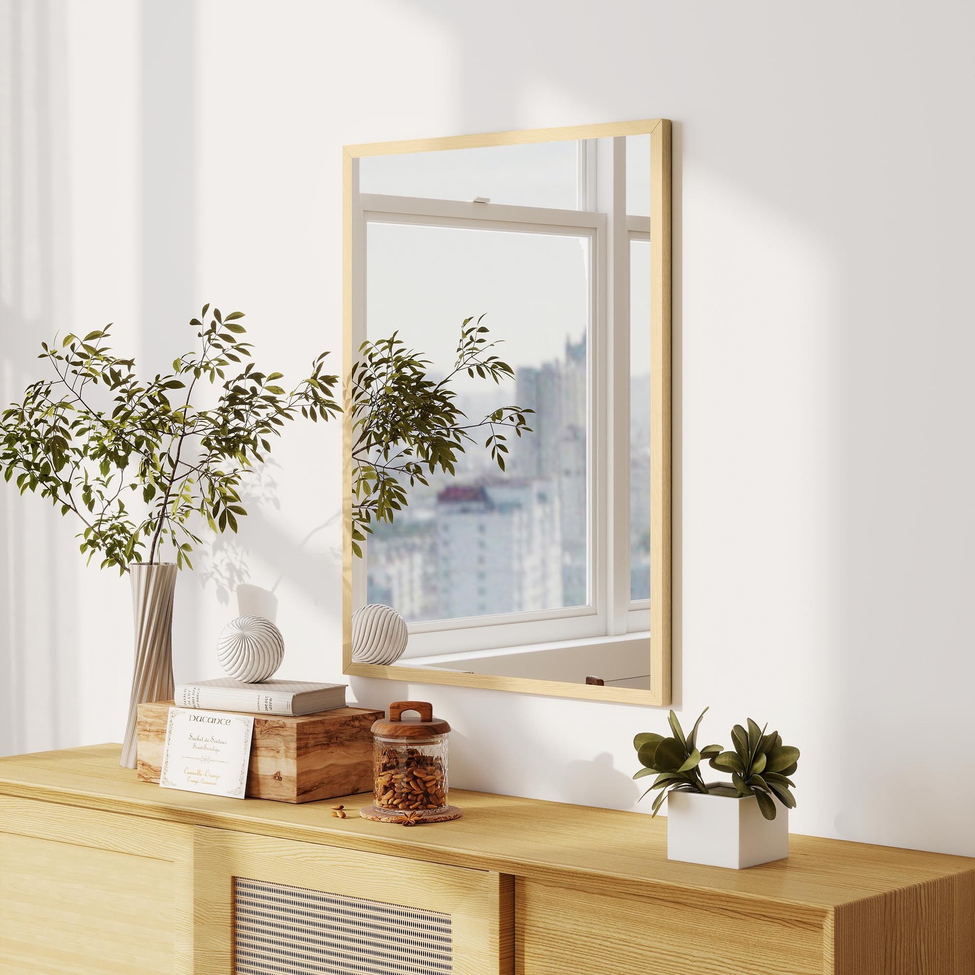HOMCOM Espejo de Pared Rectangular 60x80 cm Marco de Madera Natural
