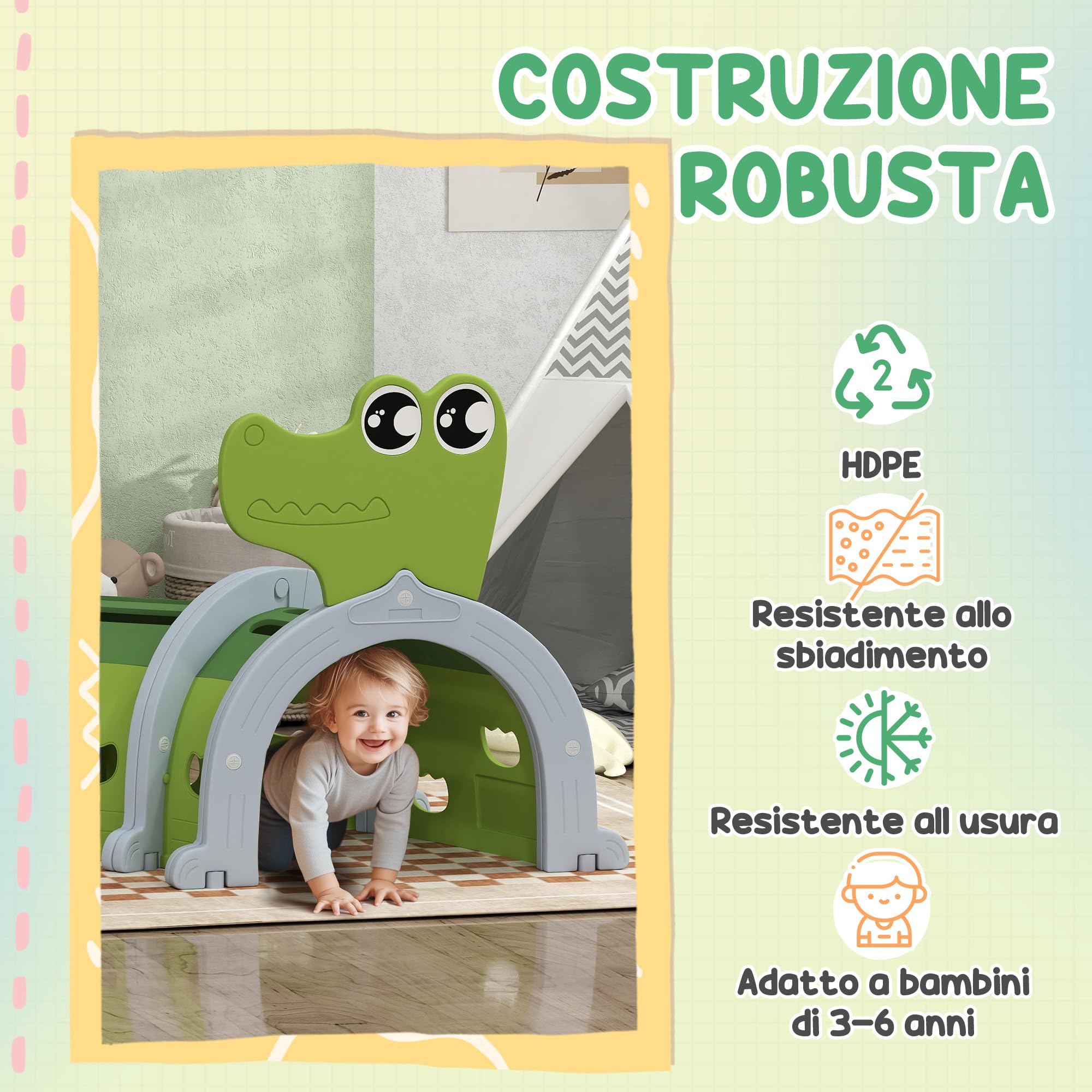 AIYAPLAY Tunnel da Gioco per Bambini 3-6 Anni a Forma di Coccodrillo, Tunnel Gioco da Interno ed Esterno in Plastica, Modulabile in Diverse Forme, Adatto per Asilo e Parco Gioco, Verde