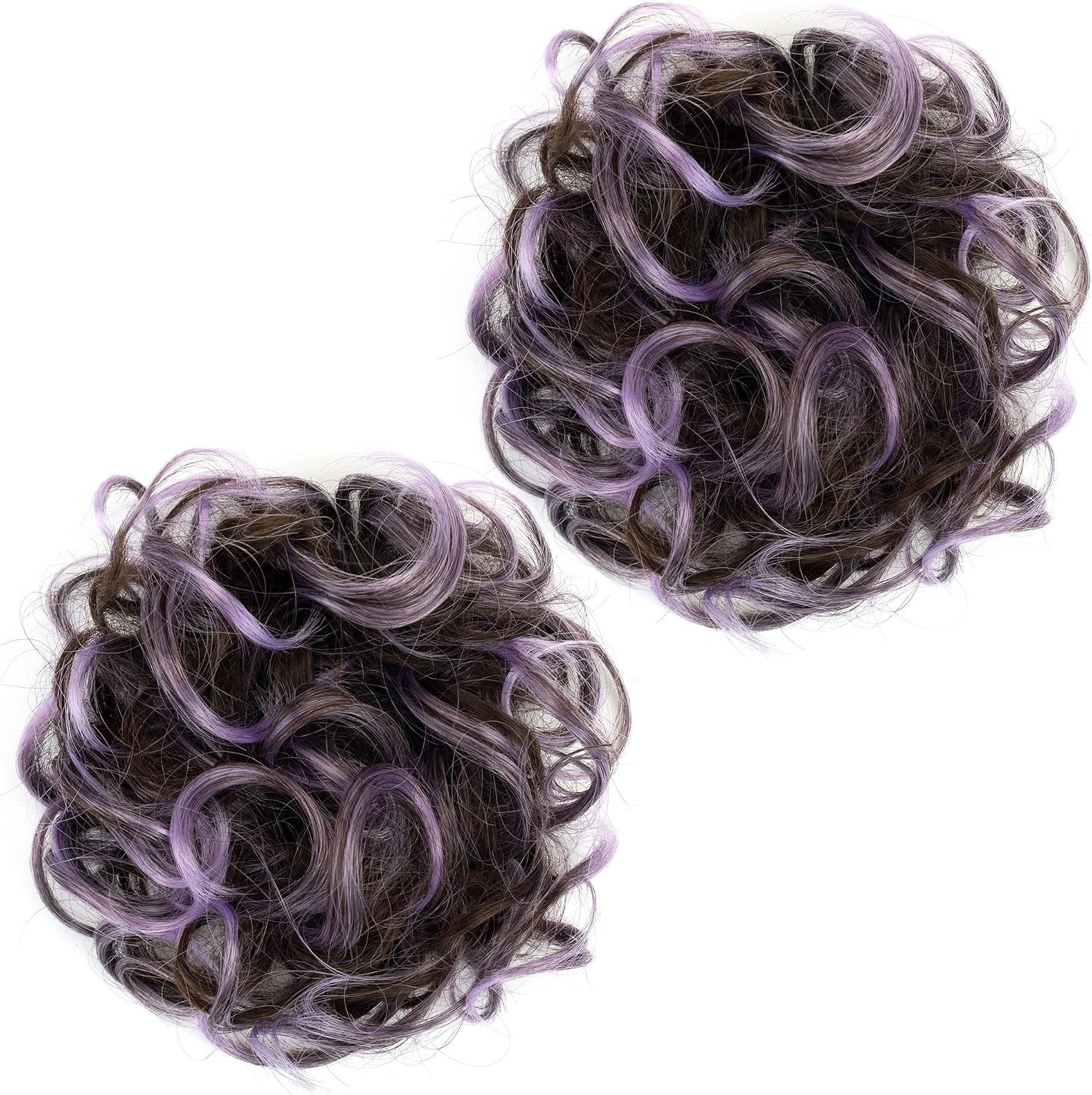 IMISSU 2PCS Messy Bun Hair Piece Updo Fake Scrunchies Ponytail Extension Wavy Curly Hairpieces Chignon Headband for Women Girls (2PCS Brown Light Purple) - Image 5